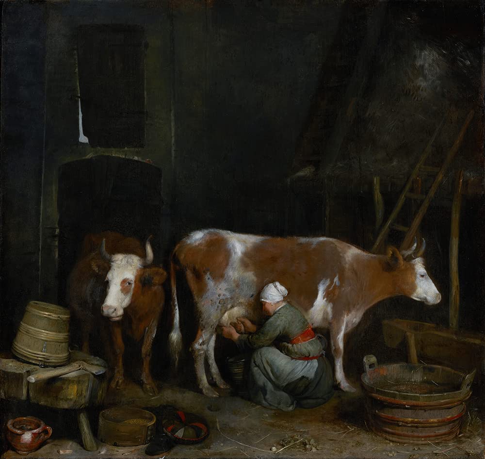 Gerard ter Borch 'A Maid Milking a Cow in a Barn' (1652-1654) - 21x20 Inch Black Modern Framed Museum Art Print with Double Matting | Wall Decor for Living Room, Bedroom & Office