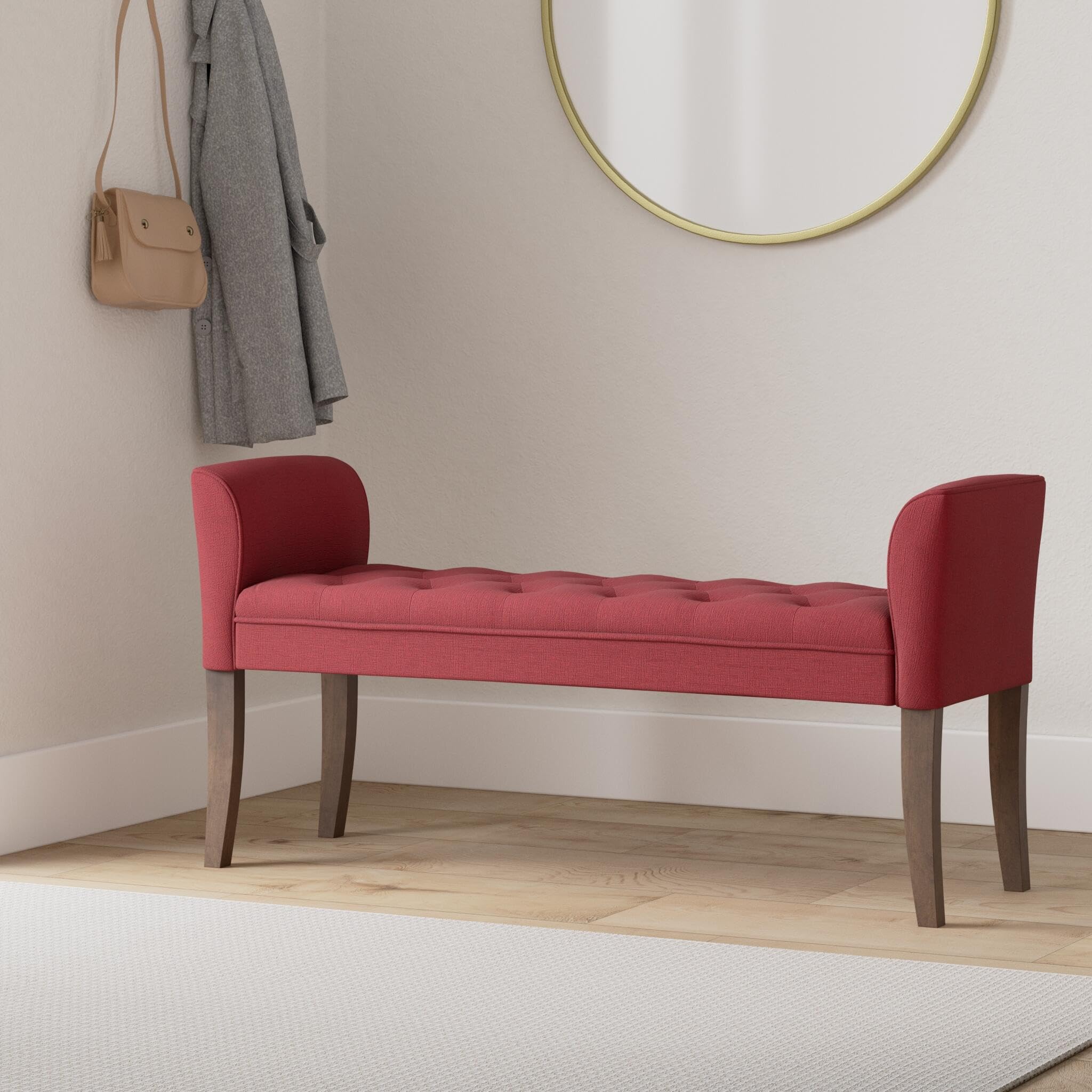 Cleopatra Chaise Longue with Fabric Upholstery & Chesterfield Style Quilted Bench - Long Chair in Red with Dark Aged Frame - Perfect for Living Room, Bedroom, or Lounge Decor