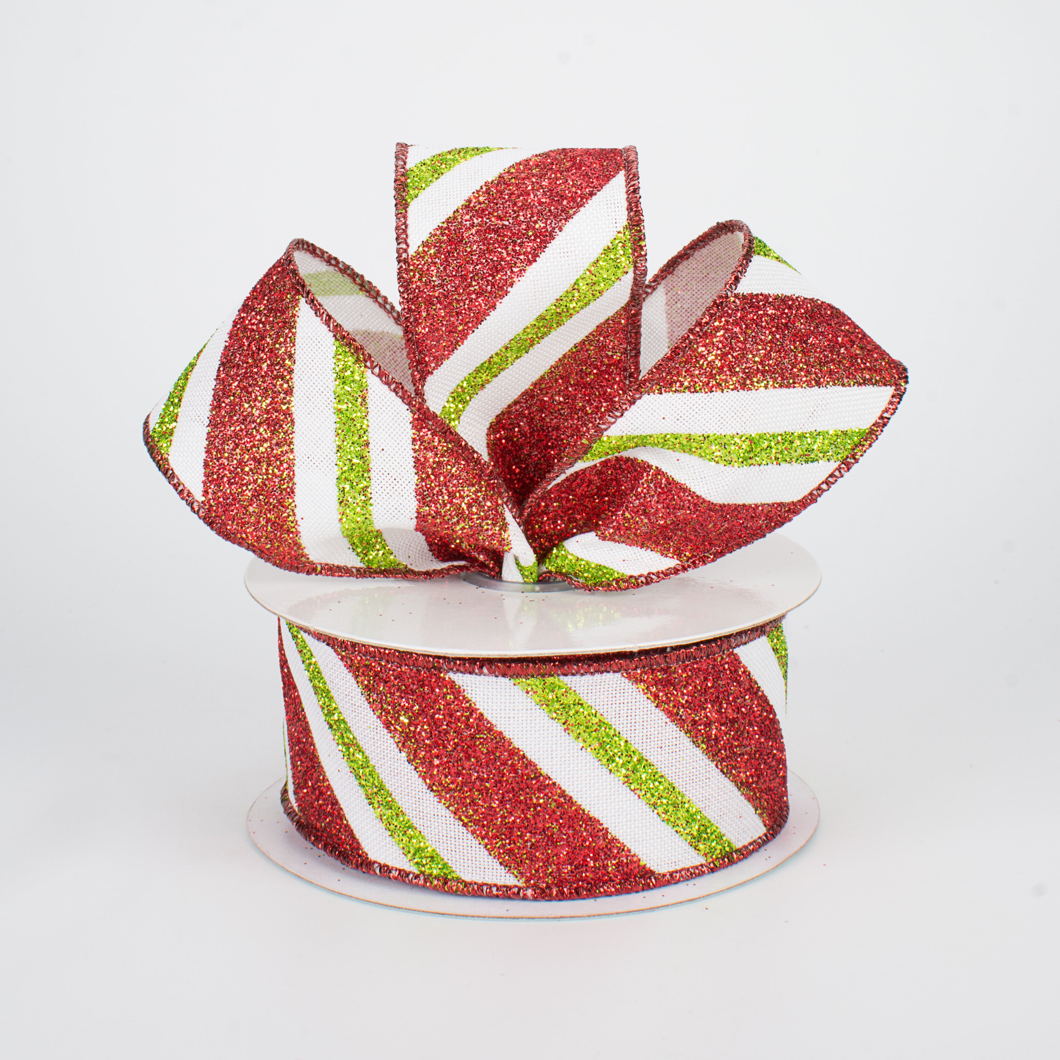 1.5 Inch Diagonal Glitter Stripe Ribbon - Lime Green & Red (10 Yards) for Gift Wrapping, Party Decorations, DIY Crafts, and Scrapbooking