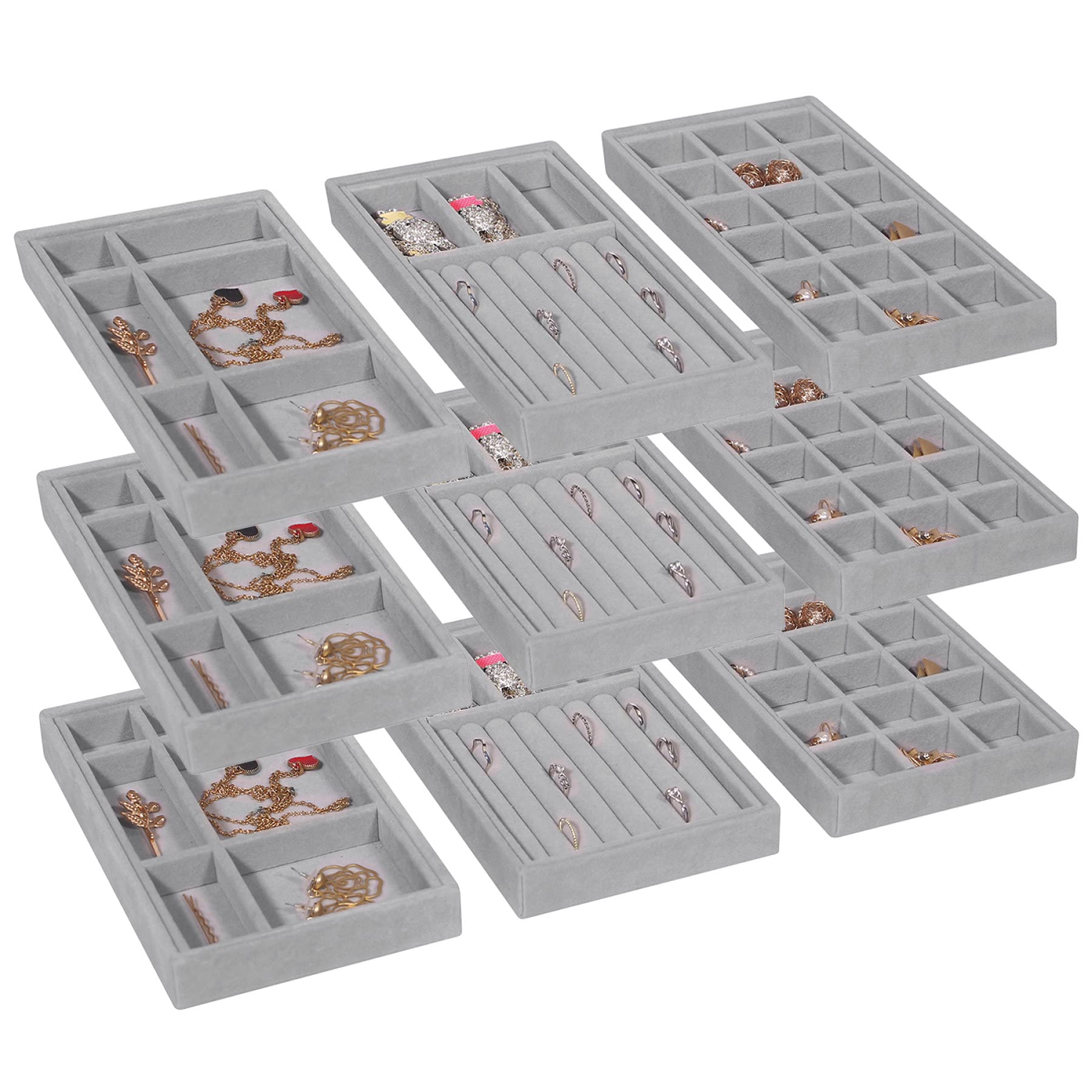 DIOMMELL 9-Piece Stackable Velvet Jewelry Organizer Set - Jewelry Storage Box with Display Trays for Earrings, Necklaces, Bracelets & Rings - Perfect for Closet, Dresser Drawer & Vanity Organization (Ideal for Home, Travel & Gift Giving)