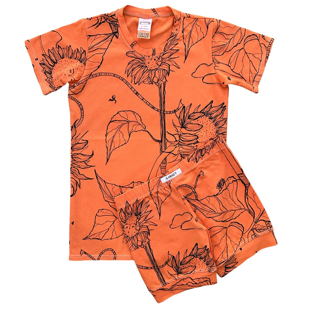 Persimmon Sunflower Shortie Pajama Set for Women - Soft Sleepwear & Lounge Outfit for Summer Nights & Relaxing at Home