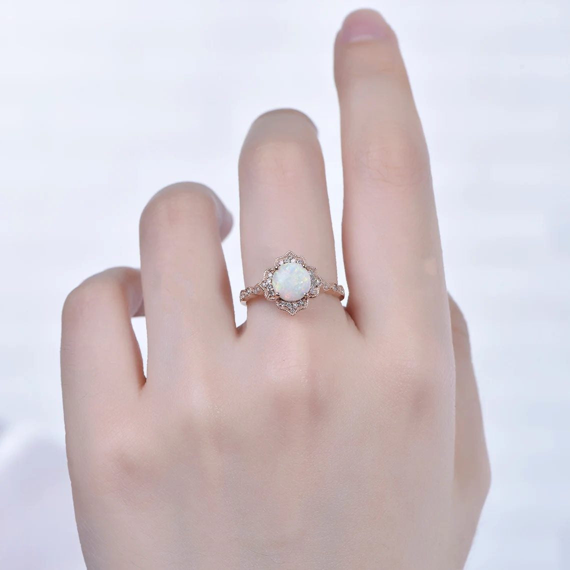 Vintage 1.2CT White Fire Opal Engagement Ring with Diamond Halo in Rose Gold - Perfect for Proposals, Anniversaries & Special Occasions