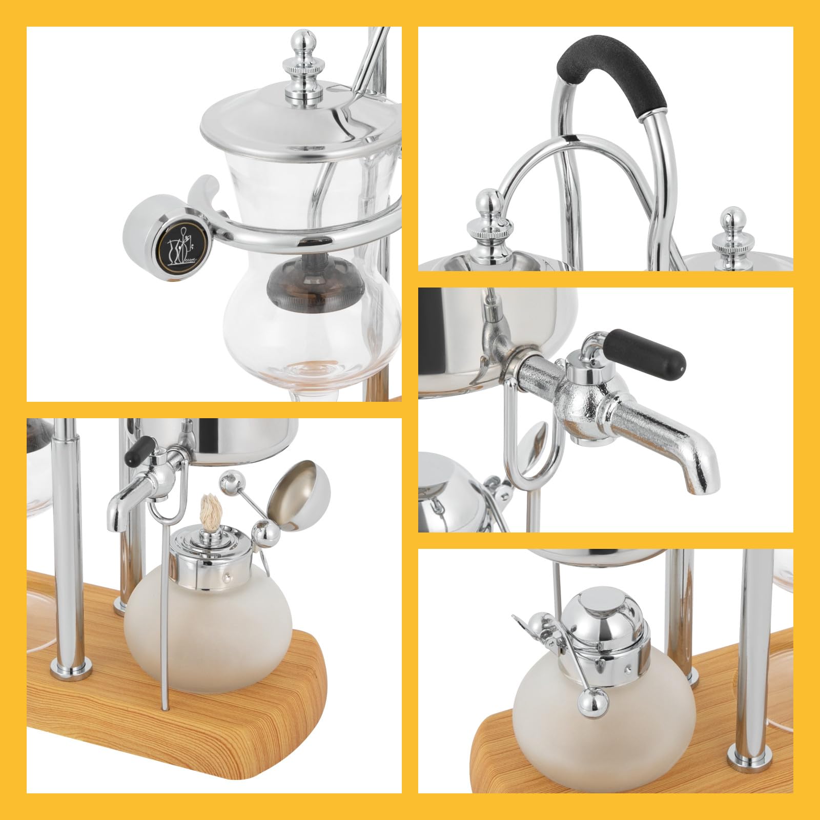 Premium Belgian Siphon Coffee Maker - 180° Rotating Faucet, Multi-Function for Coffee & Tea Brewing, Antique Design with Handle, 9.3x4.7x14.96 Inch Silver - Perfect for Home Baristas & Coffee Enthusiasts, Ideal for Kitchen, Office or Gift Giving