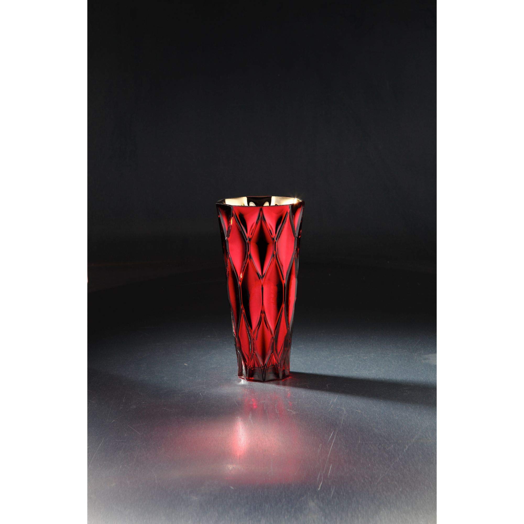 CC Home Furnishings 10 Inch Modern Red Geometric Glass Vase - Elegant Centerpiece for Dining Table, Wedding Decor, Home & Office Decoration