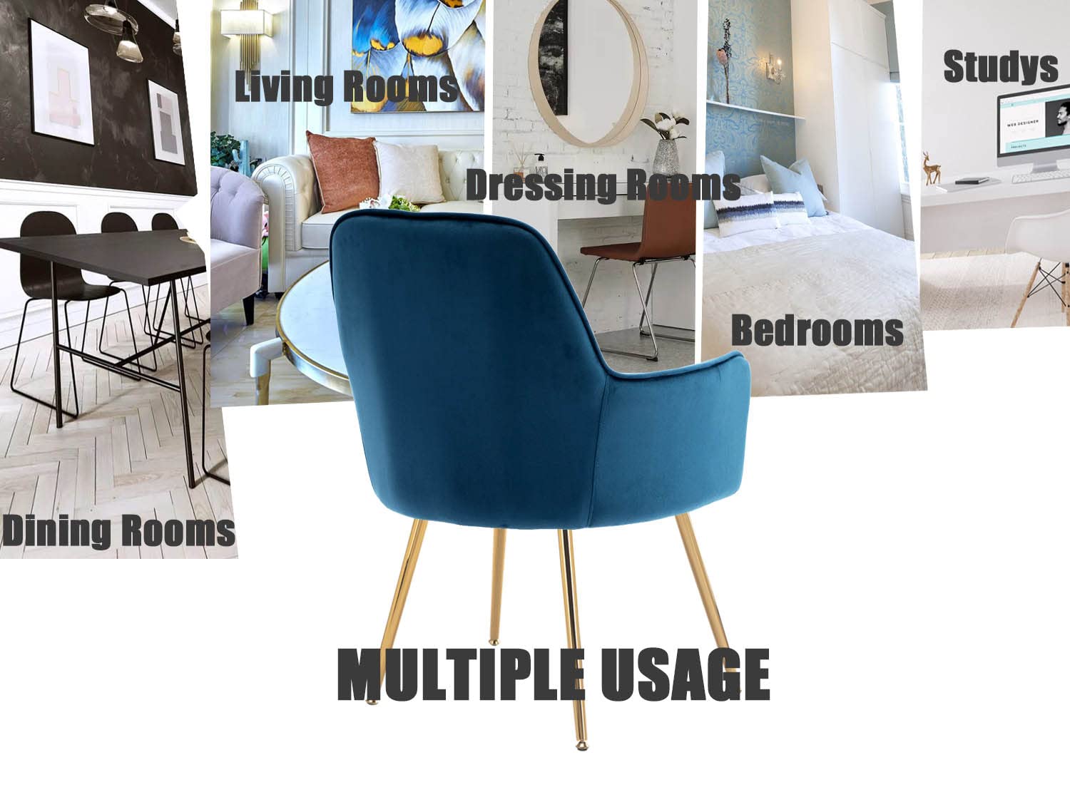 Velvet Accent Chair - Modern Tufted Armchair for Home Office, Living Room & Bedroom - Blue Velvet Upholstery with Golden Metal Legs - Perfect for Reading Nook, Dining Area or Cozy Corner Decor