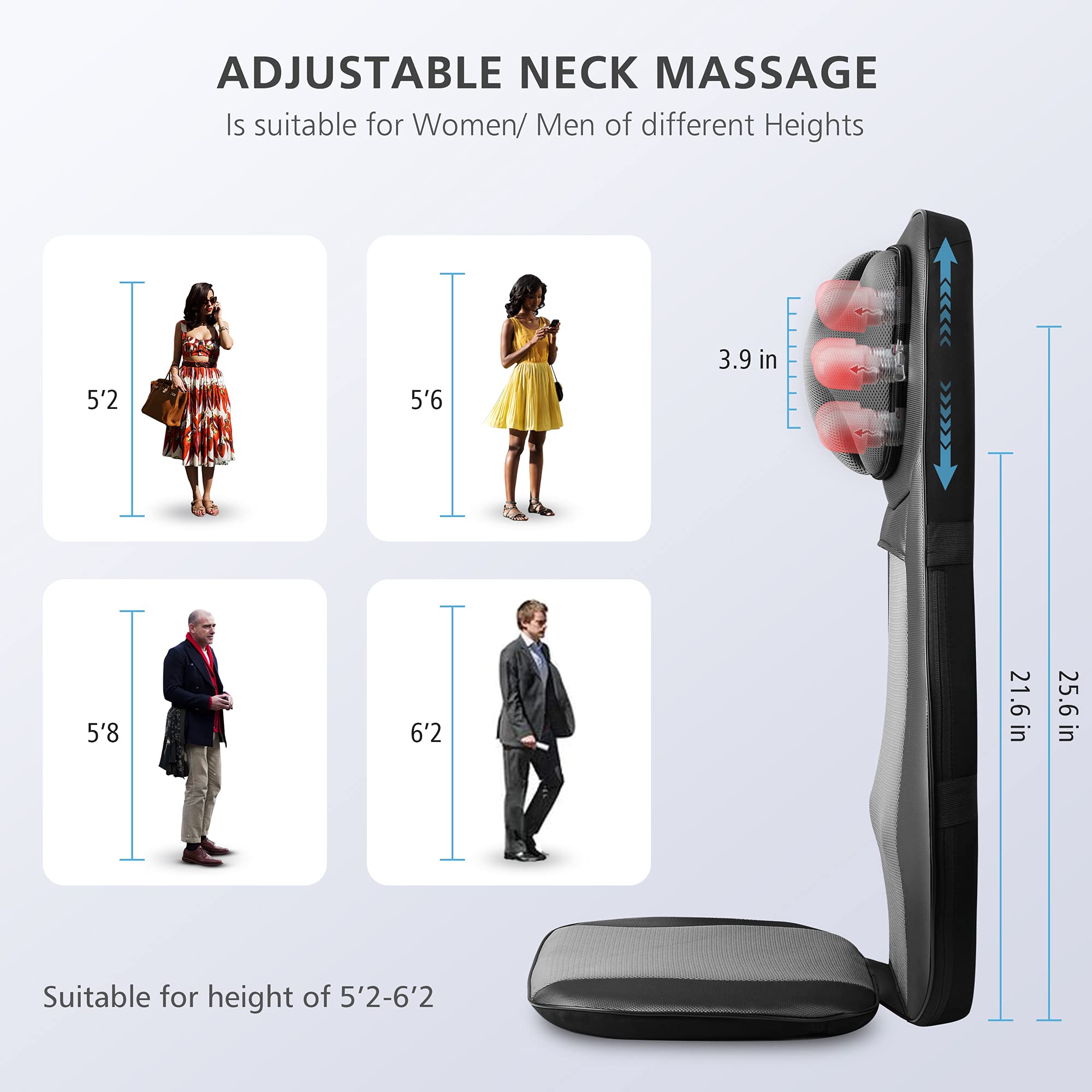 Snailax Shiatsu Neck and Back Massager with Heat - Full Back Kneading & Rolling Massage Chair Pad - Adjustable Height for Neck, Shoulder, and Back Pain Relief - Perfect for Home, Office, and Car Use