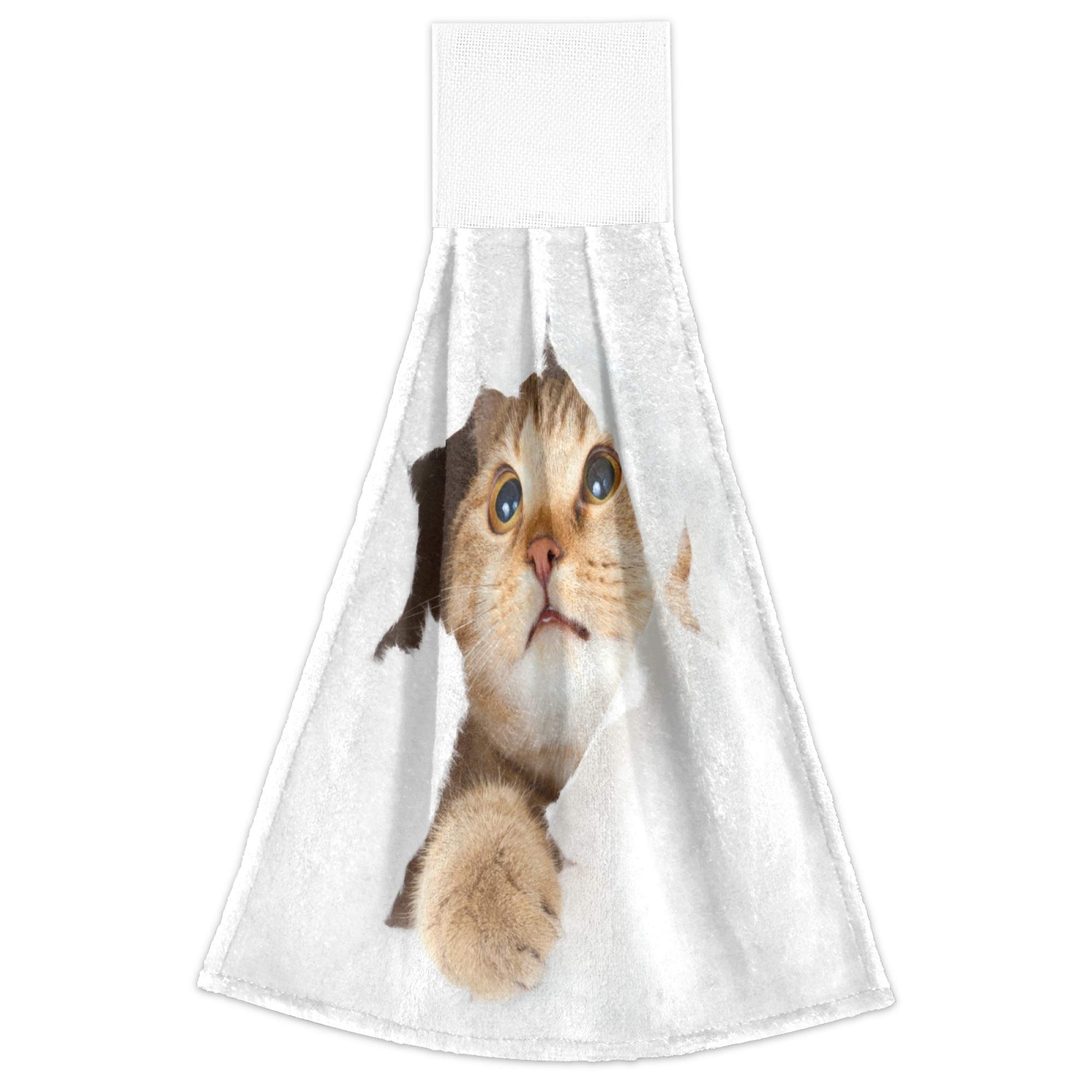Cute Red Kitten Cat Pattern Kitchen Hand Towels with Hook & Loop - Set of 2 Absorbent Hanging Towels for Bathroom & Kitchen - Perfect for Dish Drying, Hand Wiping & Home Decor