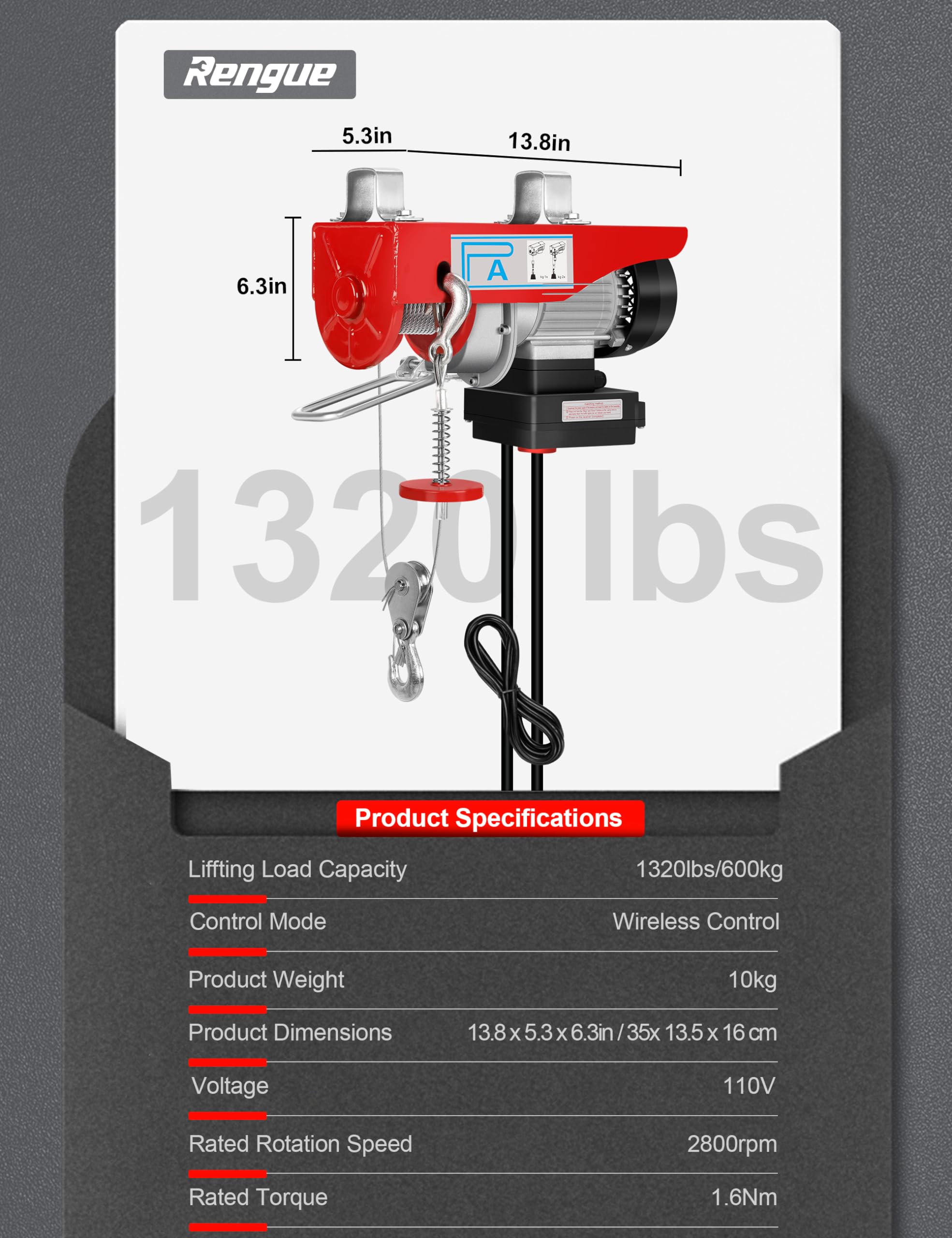 1320LBS Electric Hoist Winch with Wireless Remote Control - 1150W 110V Lifting System, 38ft Height Capacity for Garage, Ceiling Crane & Factory Use - Emergency Stop & Single/Double Slings - Heavy Duty Overhead Lifting Solution for Construction, Warehouse & Industrial Applications