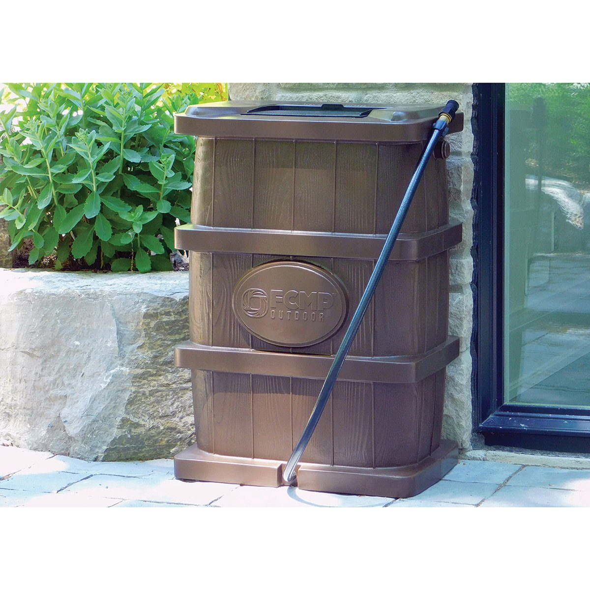45 Gallon FCMP Outdoor Wood Grain Rain Barrel - Water Collection for Gardens, Lawns & Eco-Friendly Landscaping