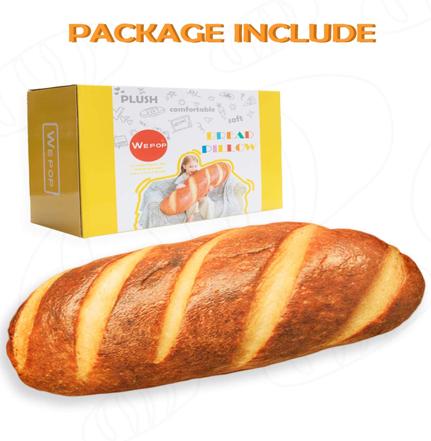 Wepop 32-inch 3D Simulation Bread Shaped Pillow - Soft Lumbar Support Cushion, Funny Baguette Plush Stuffed Toy for Home, Office & Car (Perfect Gift for Food Lovers)