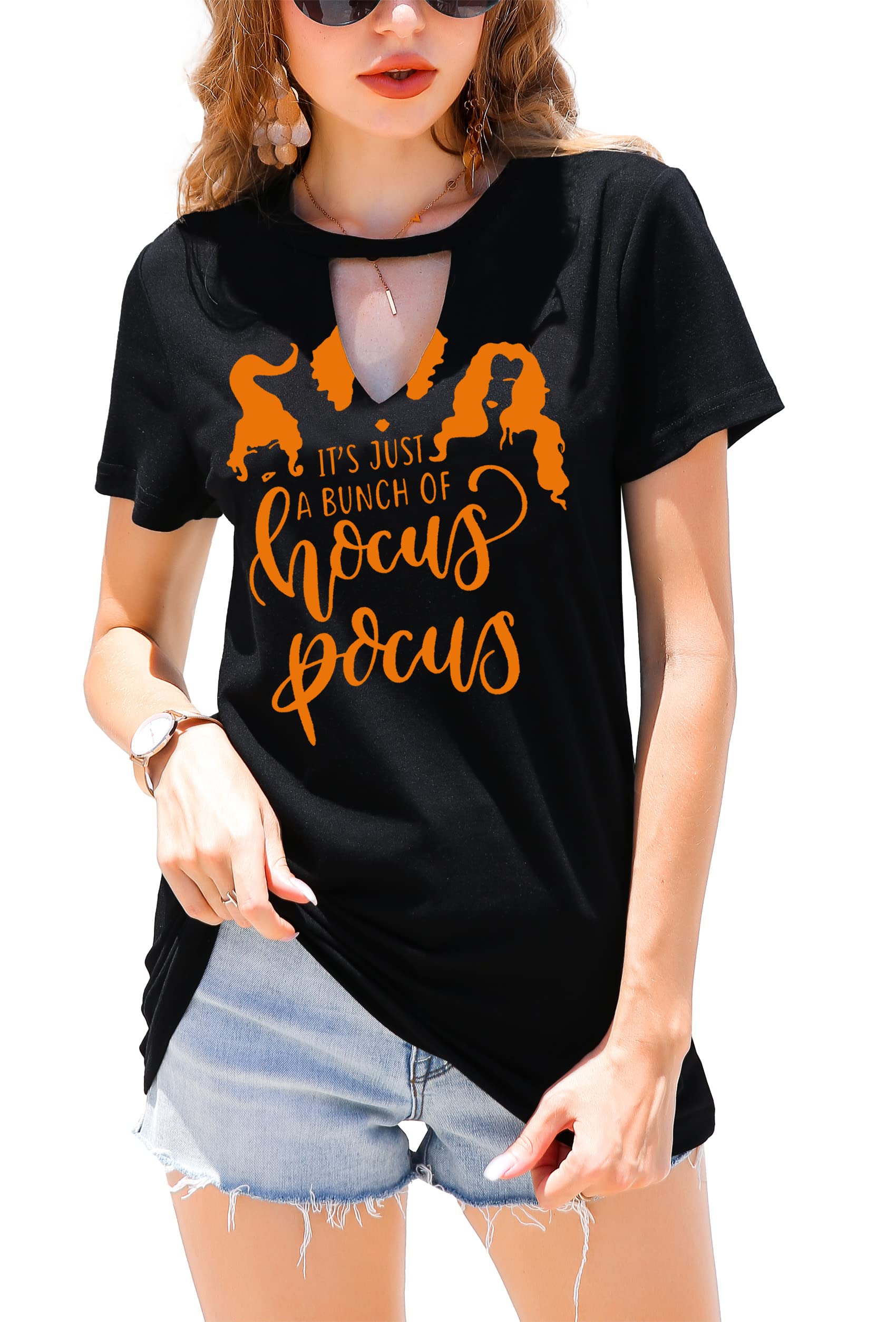 MAIHUN Halloween T-Shirt for Women - Hocus Pocus Inspired Sanderson Sisters Horror Movie Tee - Scary Squad Graphic Top for Halloween Parties & Horror Movie Nights