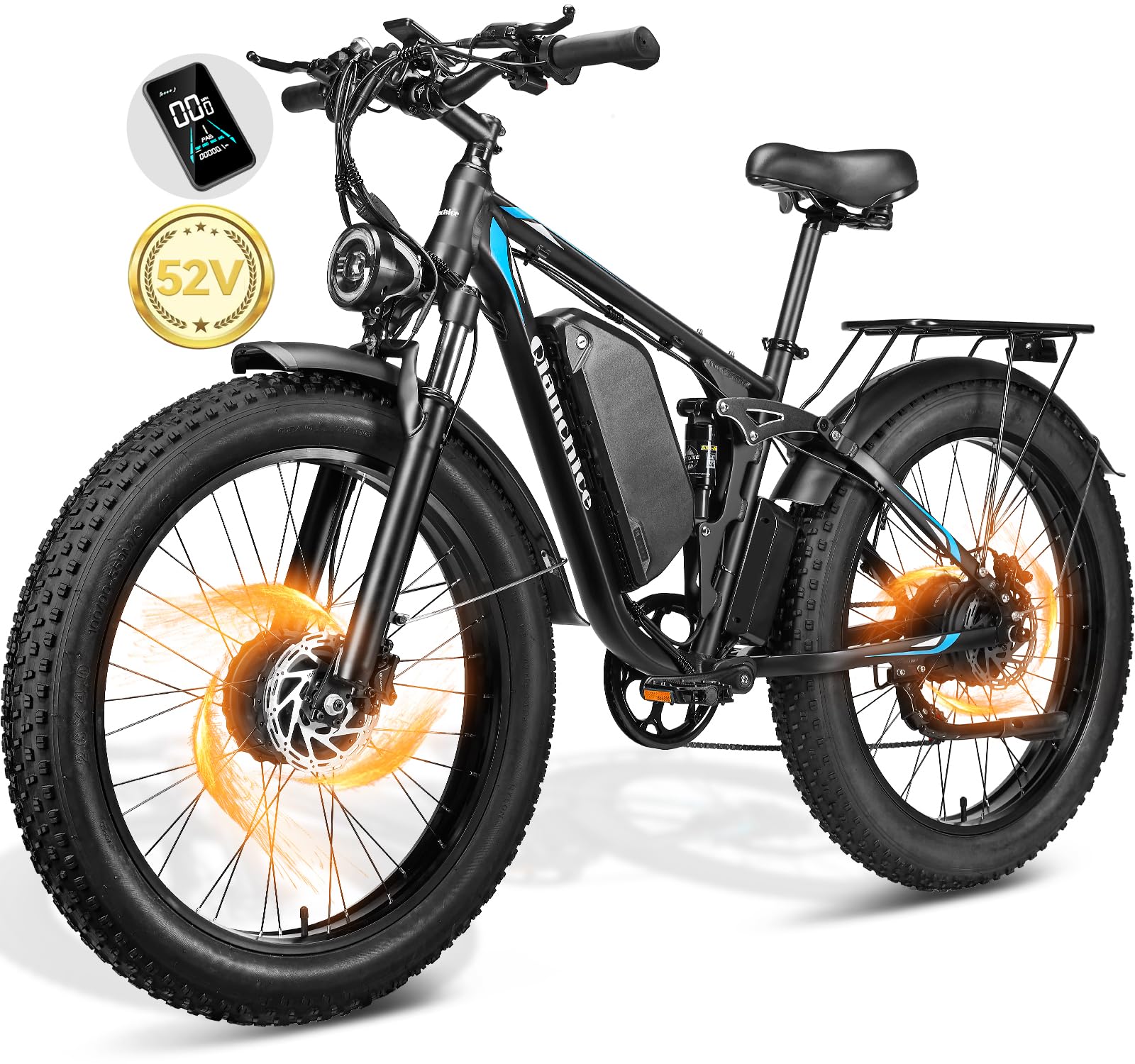 3000W Dual Motor Electric Bike for Adults - 52V 23AH Battery, 37MPH Speed & 87 Miles Range - Full Suspension & Hydraulic Disc Brakes - 26x4