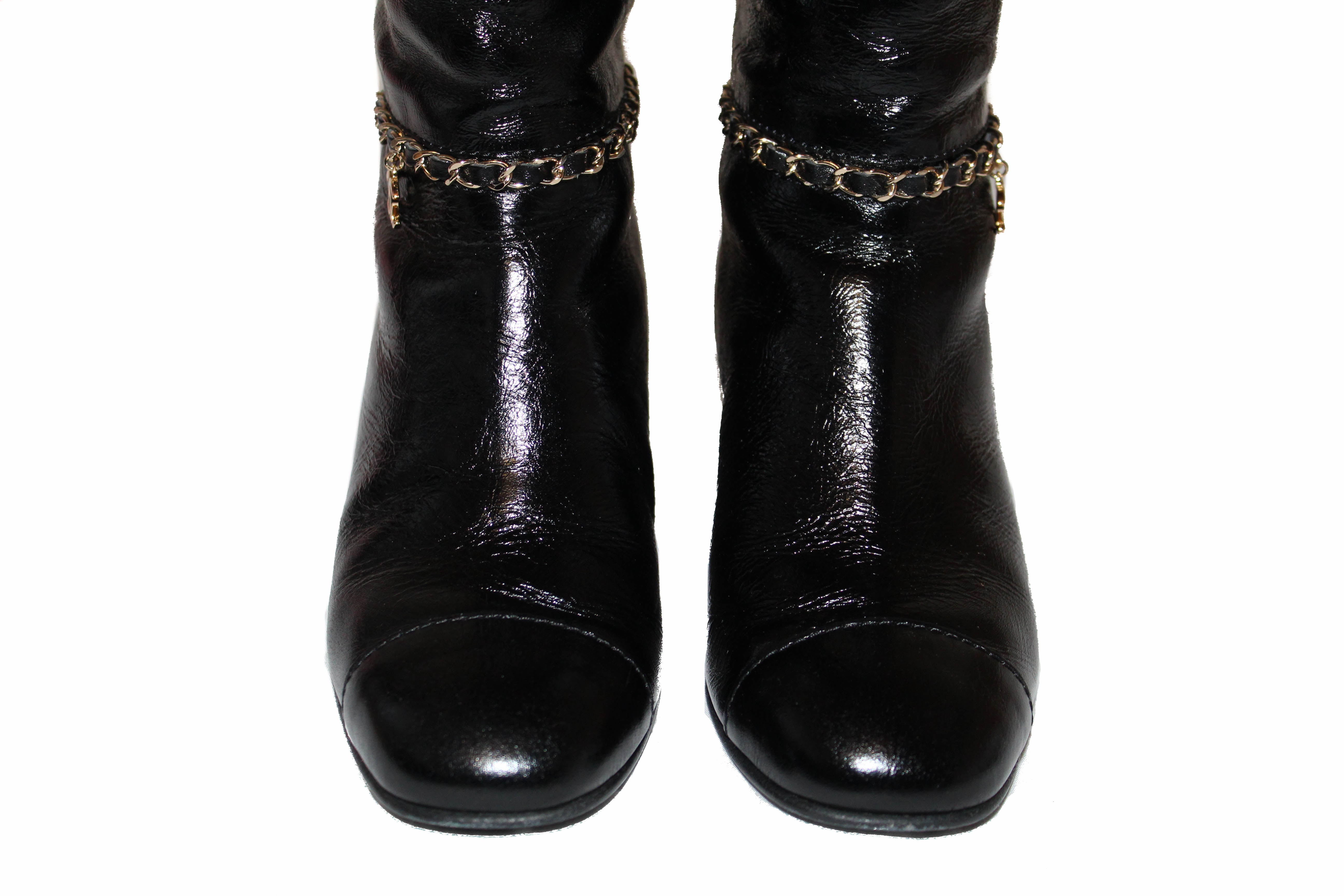 Authentic Chanel Black Patent Leather CC Logo Chain Knee High Boots Women's Size 36C - Perfect for Evening Parties, Date Nights & Luxury Fashion Outfits