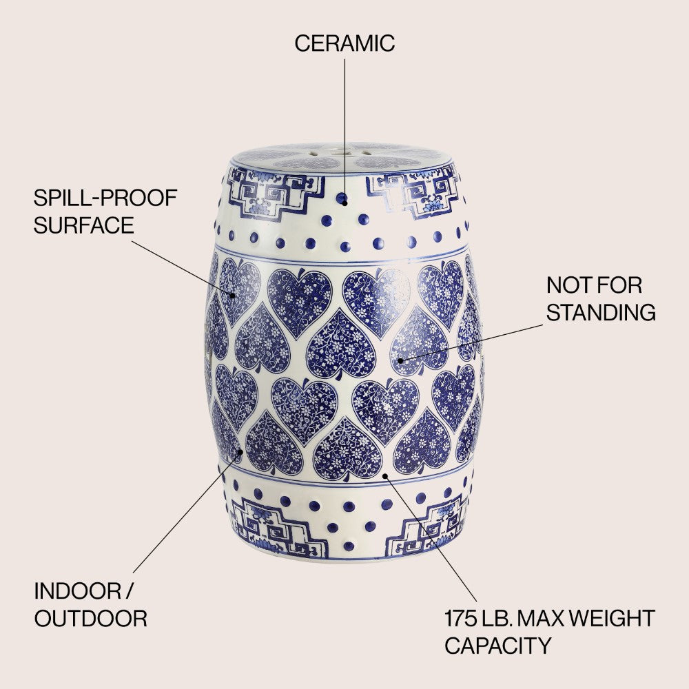 Happy Hearts 17.8 Inch Blue and White Chinoiserie Ceramic Drum Garden Stool - Outdoor Patio Furniture, Side Table, Decorative Accent for Porch, Garden and Living Room