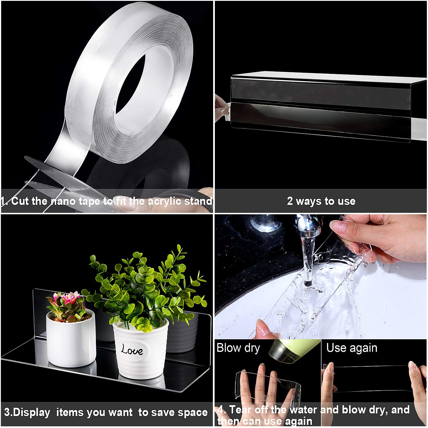 Jetec 8-Piece Acrylic Floating Shelves Set - 12 Inch Clear Wall Mounted Display Shelves with 5M Nano Double-Sided Tape - Perfect for Bedroom, Living Room, Bathroom, Office & Gaming Room Decor (Black) - Ideal for Books, Plants, Photos & Decorative Items