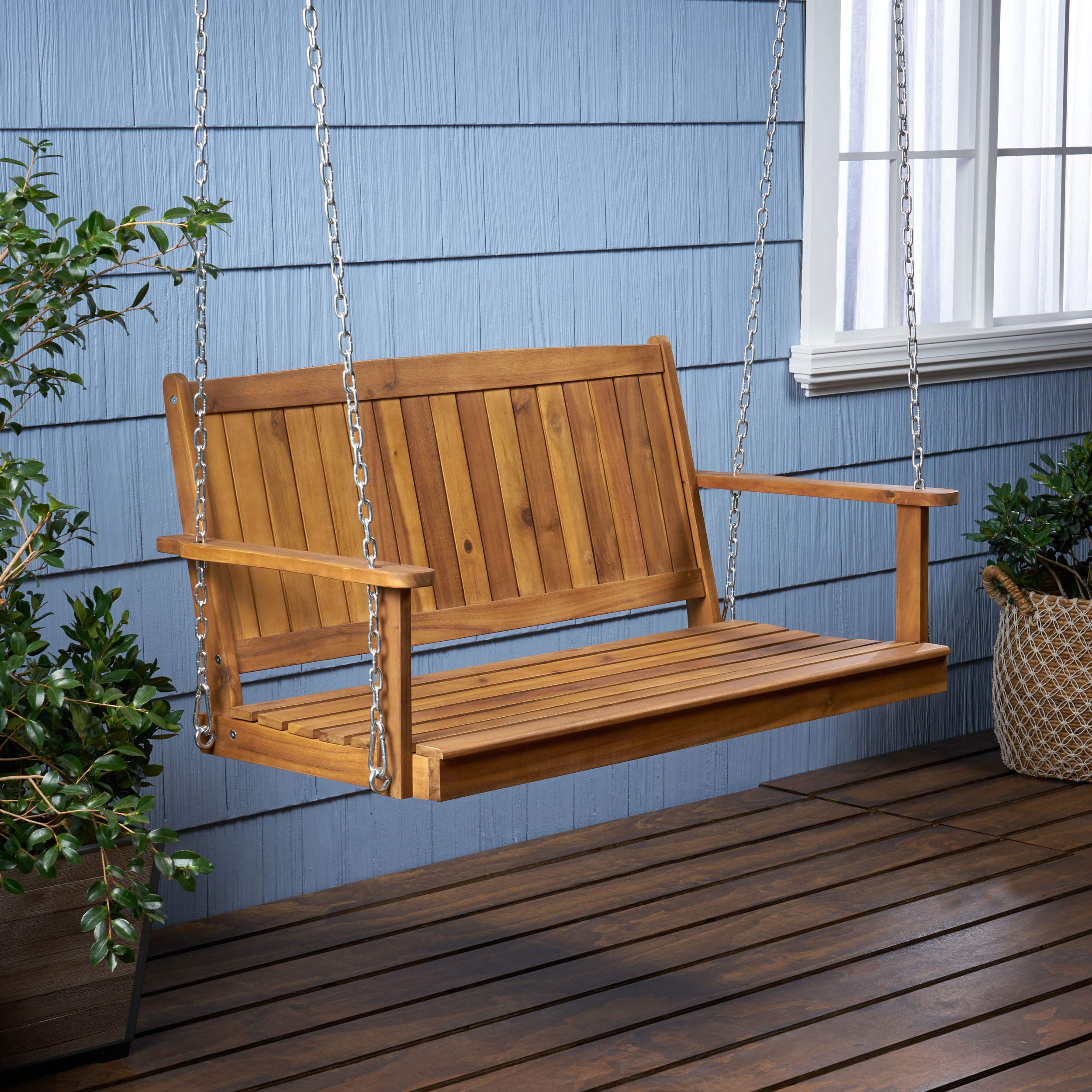 Premium Outdoor Aacia Wood Porch Swing - Teak Finish, Weather-Resistant Hanging Chair for Patio, Garden, Backyard & Deck Relaxation