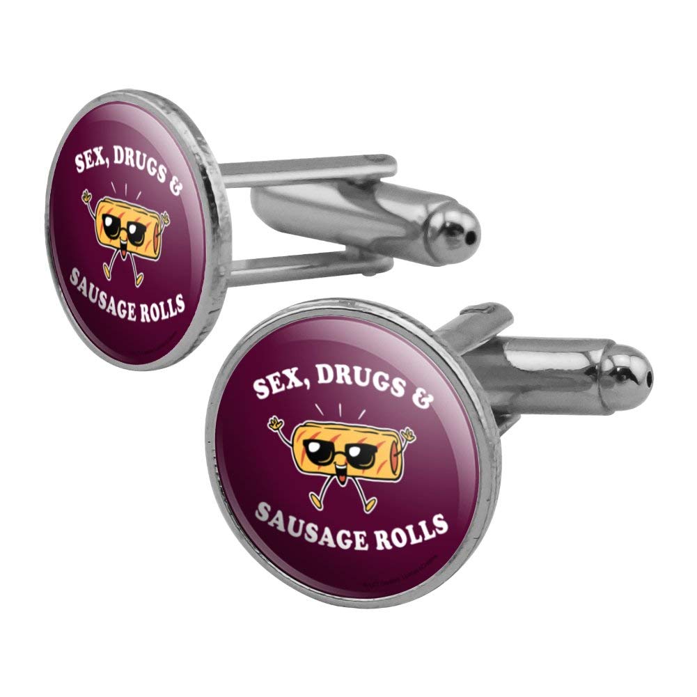 Funny Humor Cufflinks Set - Sex Drugs and Sausage Rolls Design - Silver Tone Round Cuff Links for Men - Perfect for Weddings, Parties & Office Wear