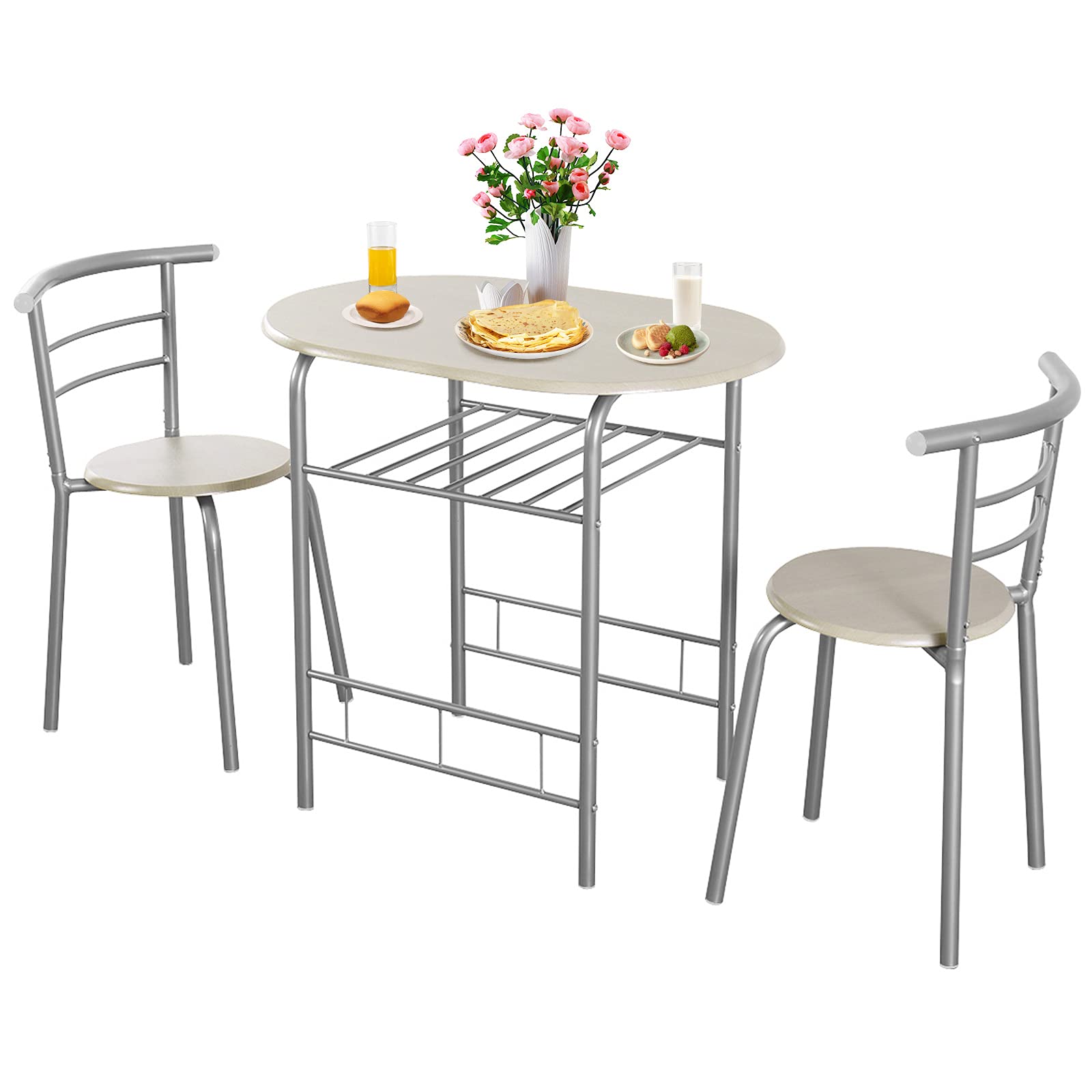 COSTWAY 3-Piece Modern Round Dining Table Set for 2 with 2 Stools & Built-in Storage - Space Saving Kitchen, Apartment, Dining Room Furniture - Perfect for Small Spaces, Breakfast Nooks & Bistro Style Dining (Gray)