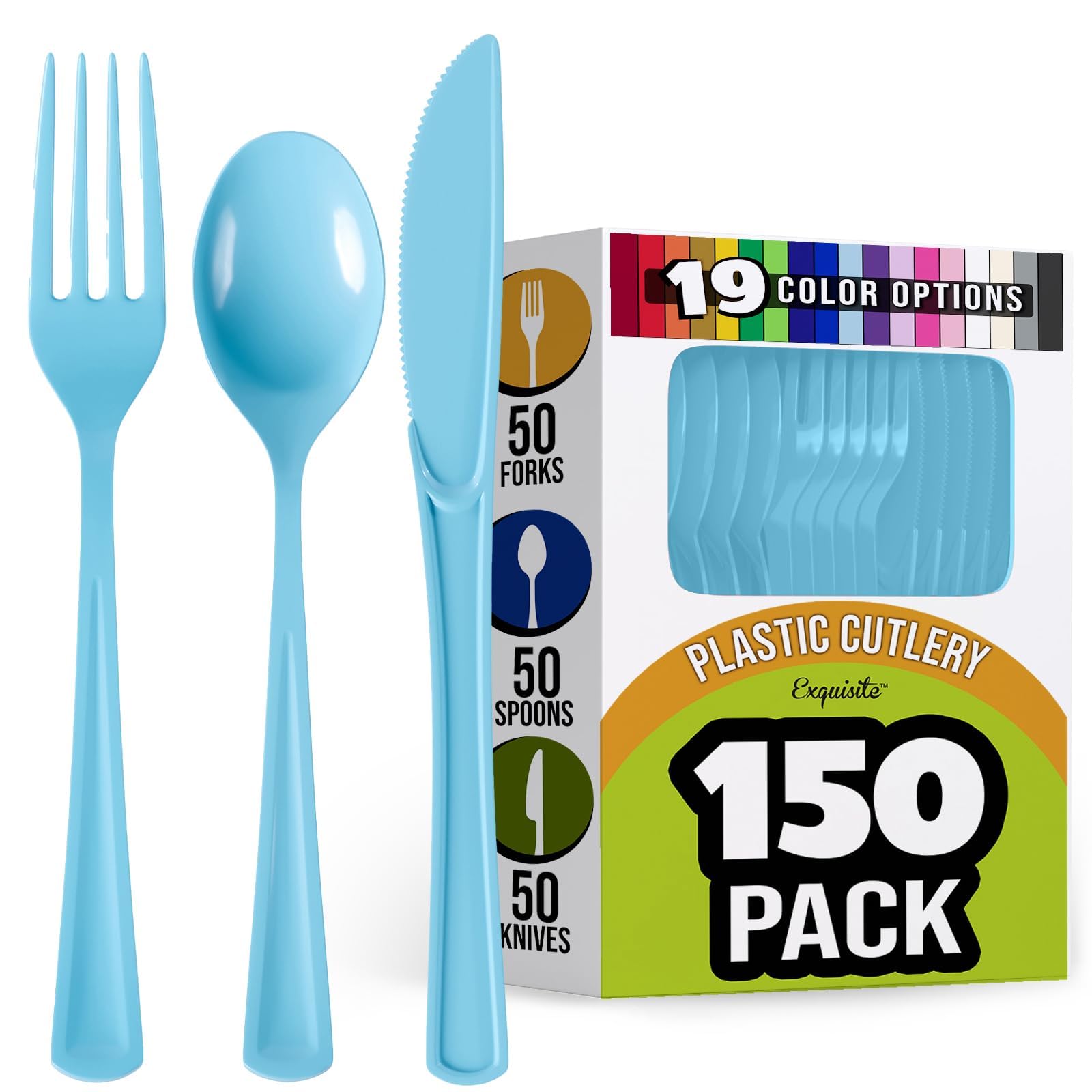 Light Blue Heavy Duty Plastic Cutlery Set - 150 Pcs Disposable Utensils (50 Forks, 50 Knives, 50 Spoons) - Durable Party Flatware for Picnics, BBQs, Catering & Events