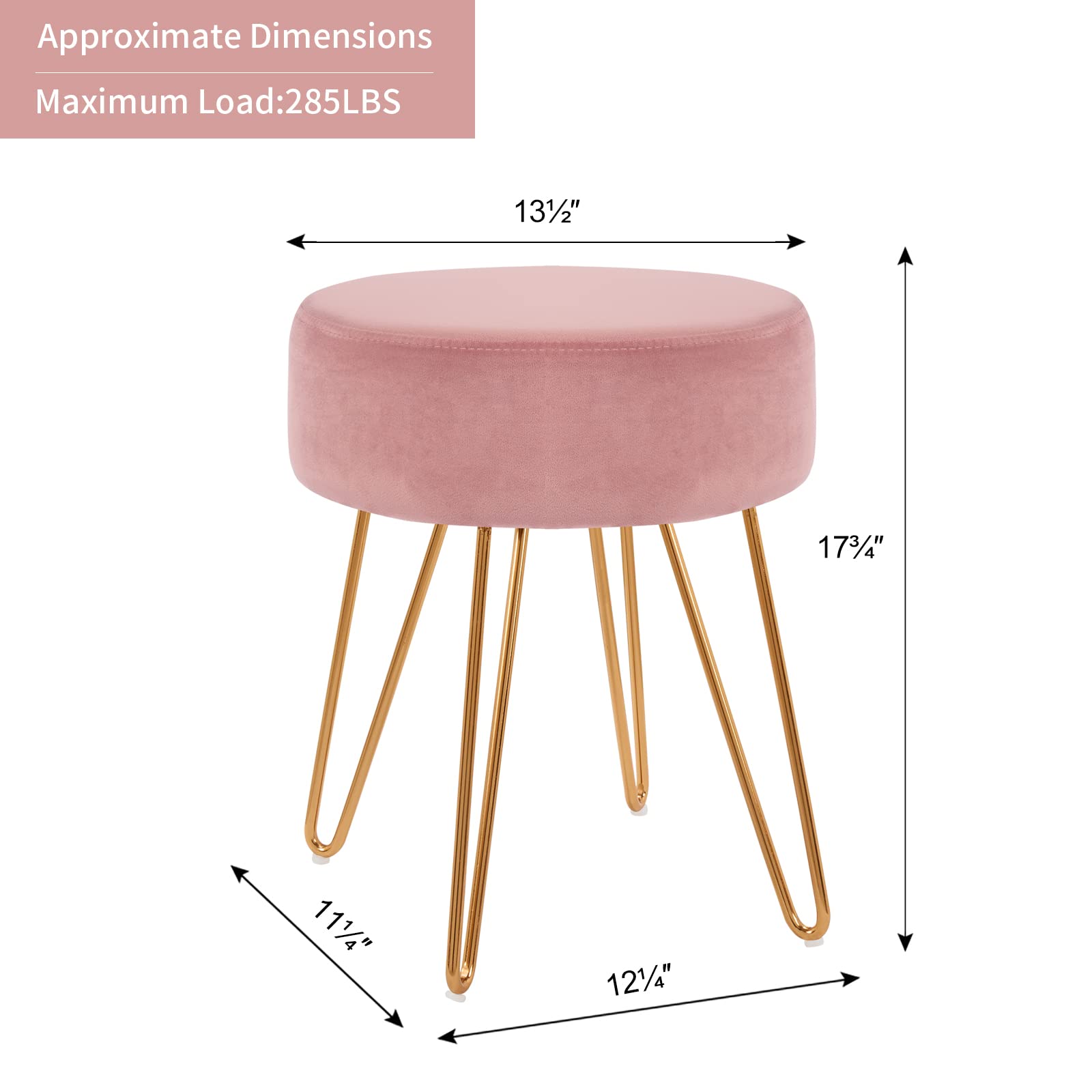 DUHOME Velvet Ottoman Stool - Modern Makeup Vanity Stool with Round Metal Base, Furry Accent Stool in Pink | Perfect for Bedroom, Dressing Room & Contemporary Home Decor