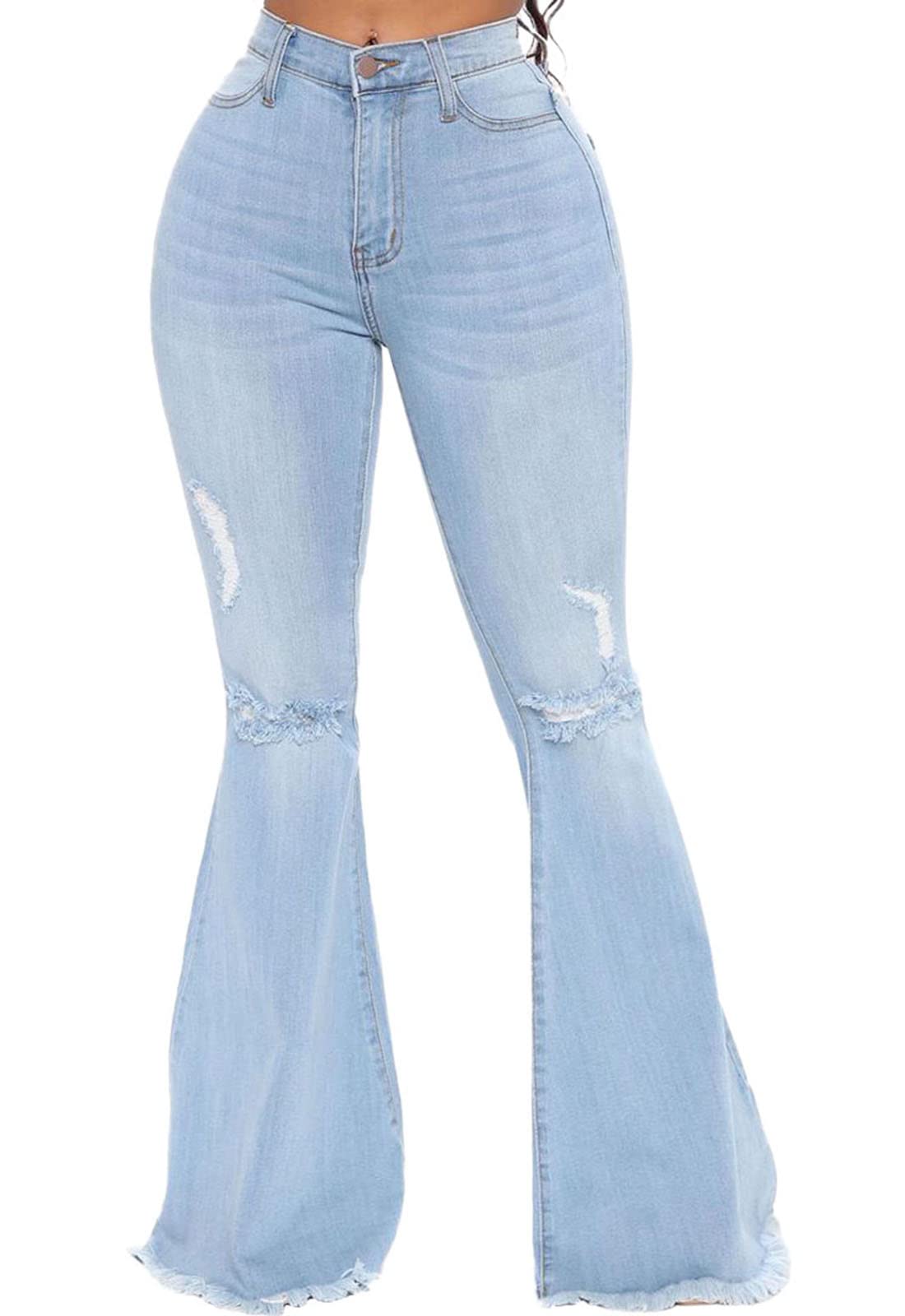 CutieLove Women's Ripped Bell Bottom Flare Jeans | Mid Rise Destroyed Hem Denim Pants | Vintage 70s Style for Casual Outfits & Streetwear Fashion