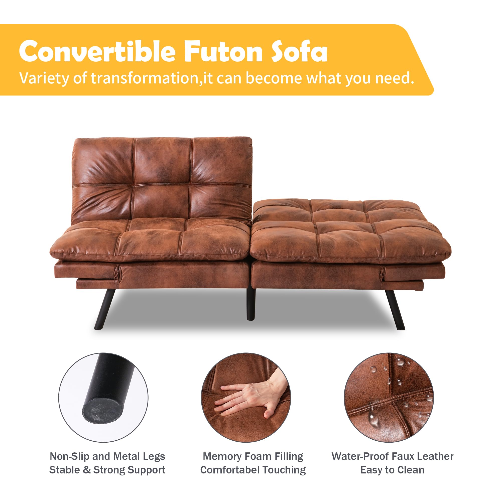 Hcore Leather Futon Couch - Foldable Loveseat Sofa Bed in Natural Brown for Small Spaces, Guest Room & Apartment Living