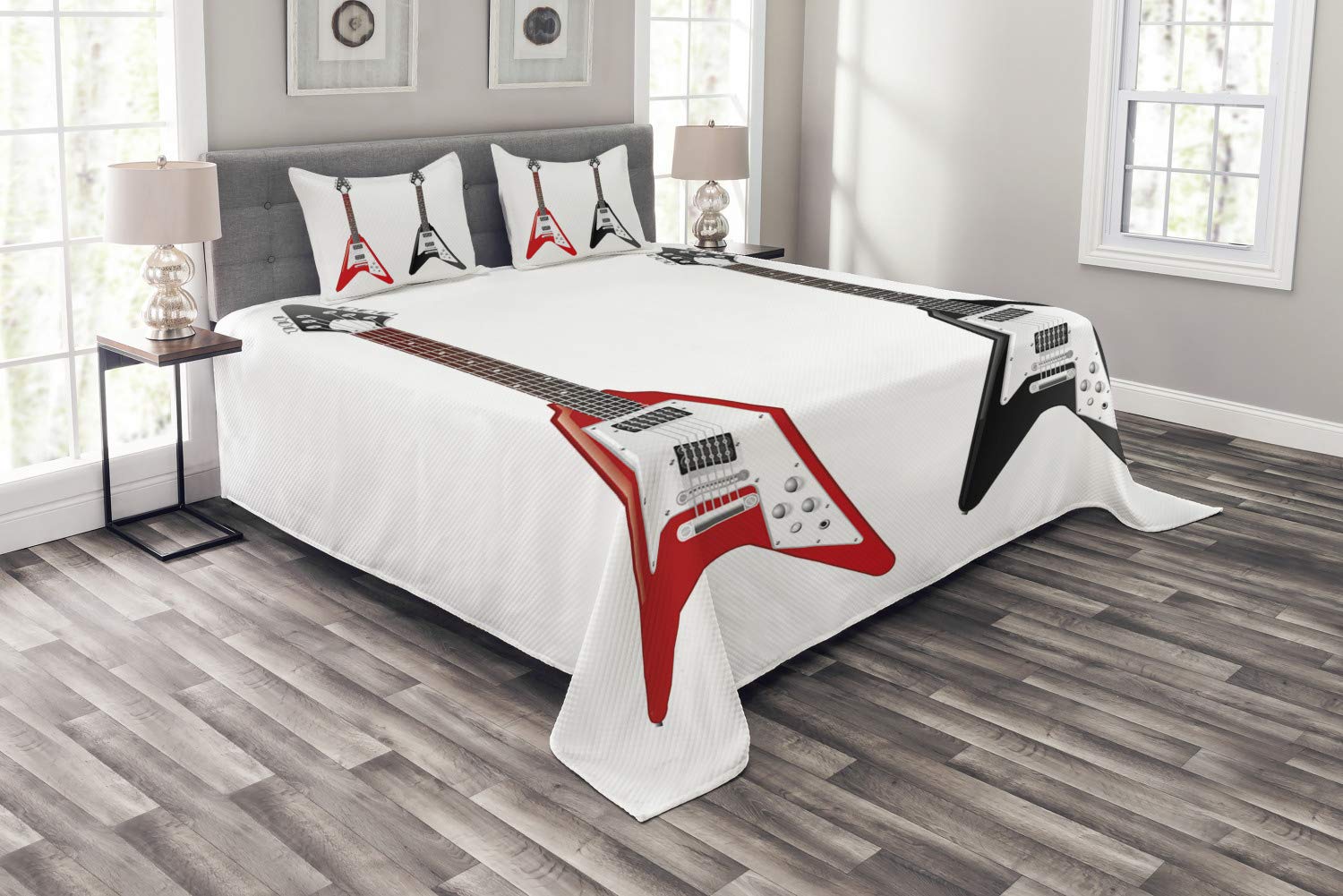 Ambesonne King Size 3-Piece Guitar Bedspread Set with V-Shaped Rock and Roll Musical Instrument Design - Includes Decorative Coverlet & 2 Pillow Shams, Multicolor - Perfect for Music Lovers' Bedroom Decor & Rock Theme Room Design
