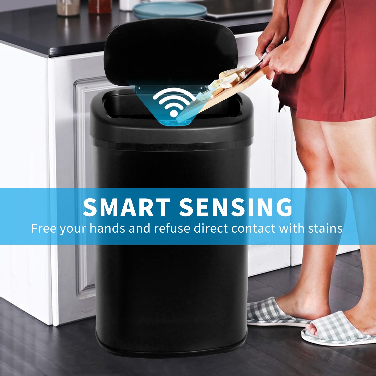 BLKMTY 13-Gallon Stainless Steel Automatic Trash Can with Motion Sensor - 50L Touch-Free Garbage Bin with Lid for Kitchen, Office & Bathroom - Sleek Black Metal Waste Bin for Hands-Free Disposal & Hygiene