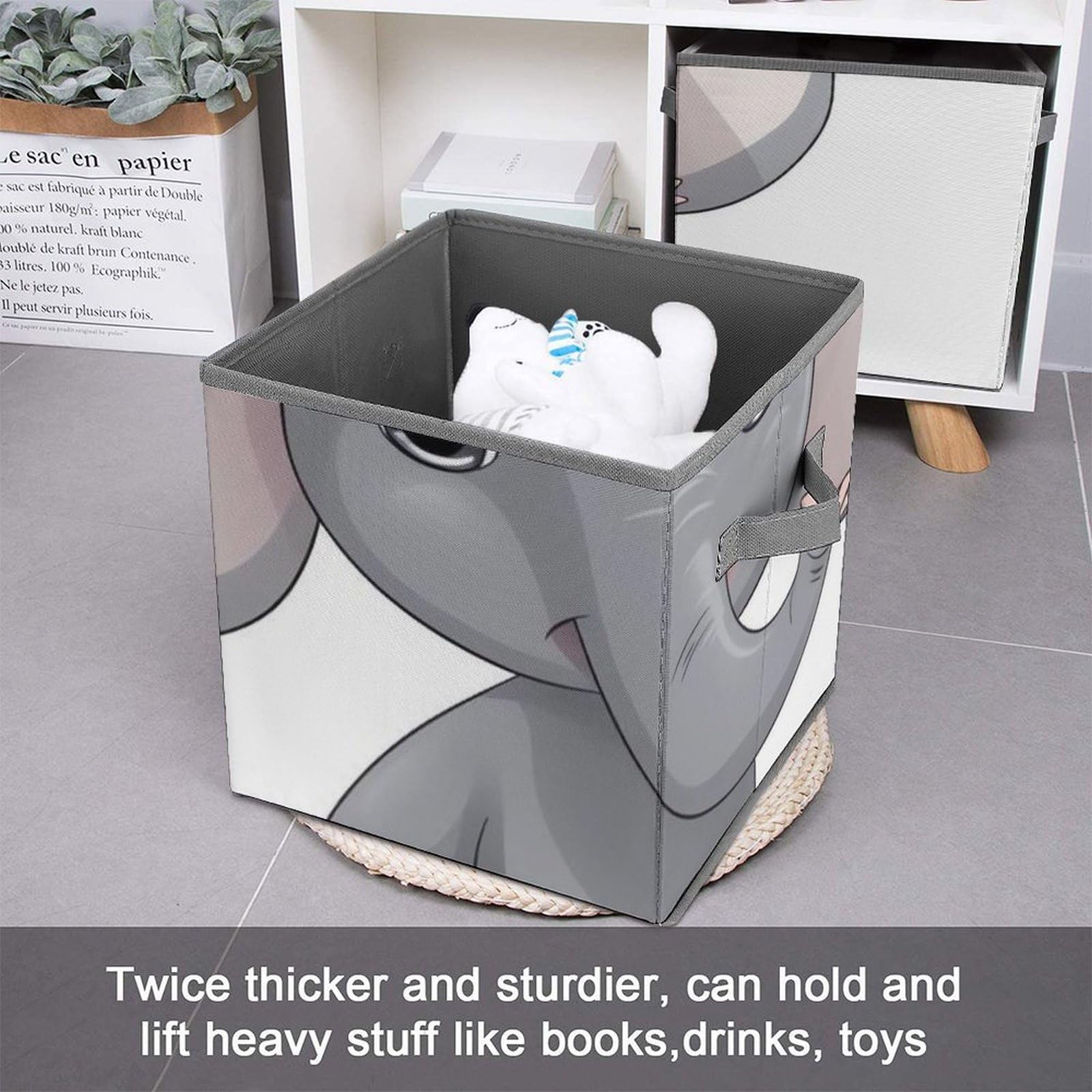 Large Collapsible Storage Cubes with Handles - 10.6x10.6x10.6in Cute Elephant Design Fabric Bins for Closet, Home & Office Organization | Space-Saving Foldable Storage Box for Toys, Books & Household Items