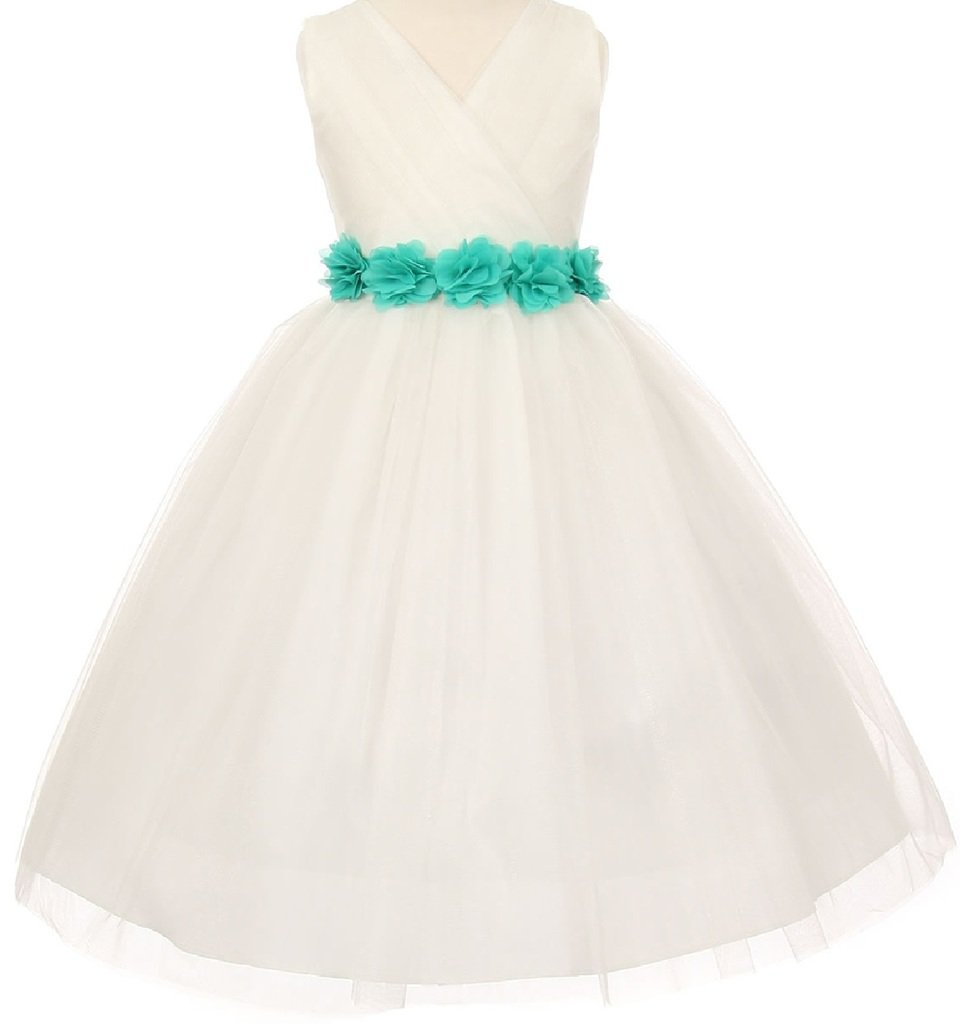 Little Girls Ivory Tulle V-Neck Floral Sash Flower Dress - Perfect for Birthday Parties, Weddings & Special Occasions