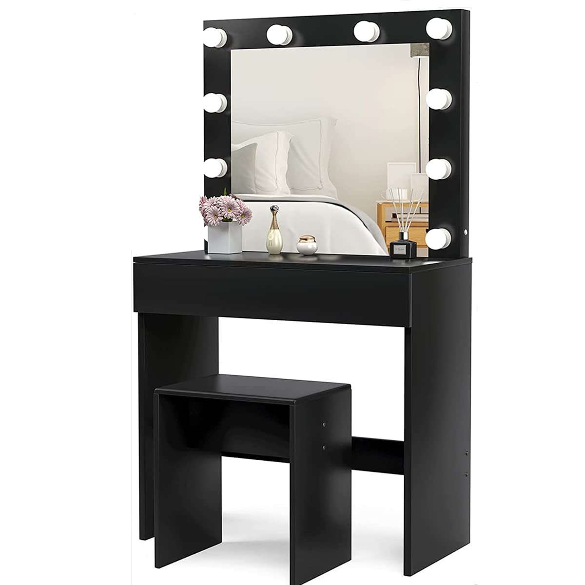 LED Makeup Vanity Table Set with 10-Light Mirror & Stool - Wooden Dressing Table with Large Drawer, Bedroom Furniture for Women & Girls (Black) - Perfect for Home Beauty Salon, Bridal Makeup & Gift Giving