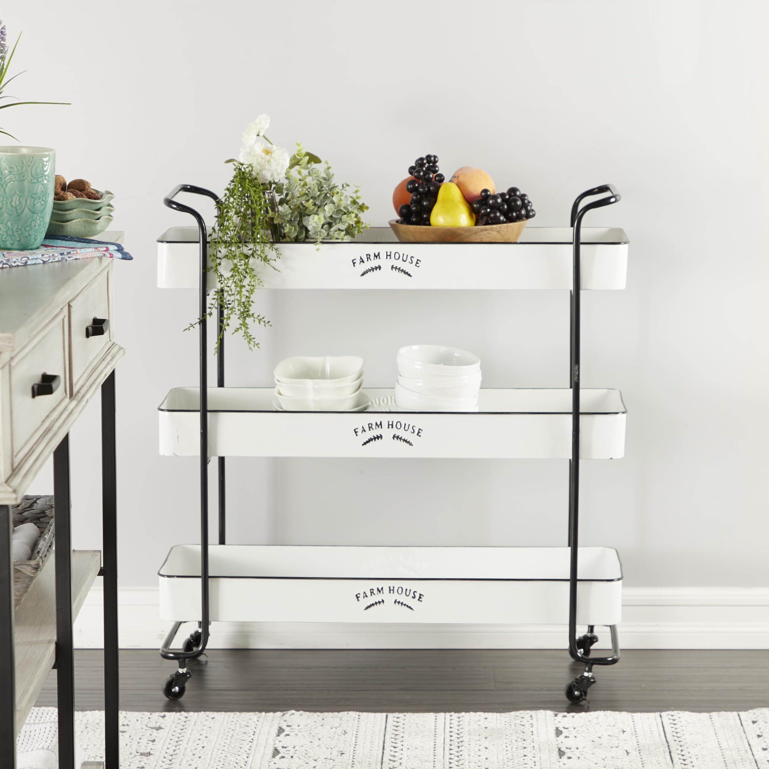 Deco 79 White Metal Kitchen Rolling Cart with 3 Shelves - Farmhouse Style Storage Organizer with Black Accents, 32