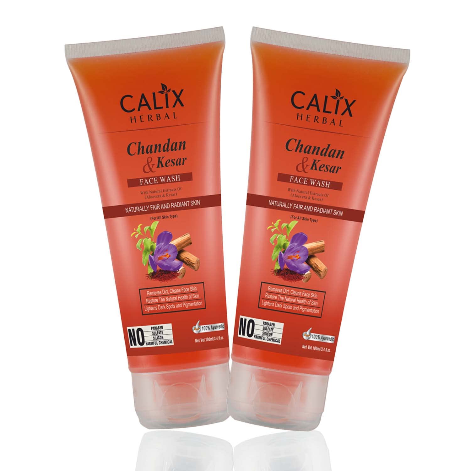 Calix Herbal Organic & Ayurvedic Chandan Kesar Face Wash - Skin Brightening, Dark Spot Treatment for Naturally Fair & Radiant Skin | Reduces Pigmentation, Suitable for All Skin Types (100ml, Pack of 2) | Daily Cleansing & Glow Boosting for Morning & Night Skincare Routine