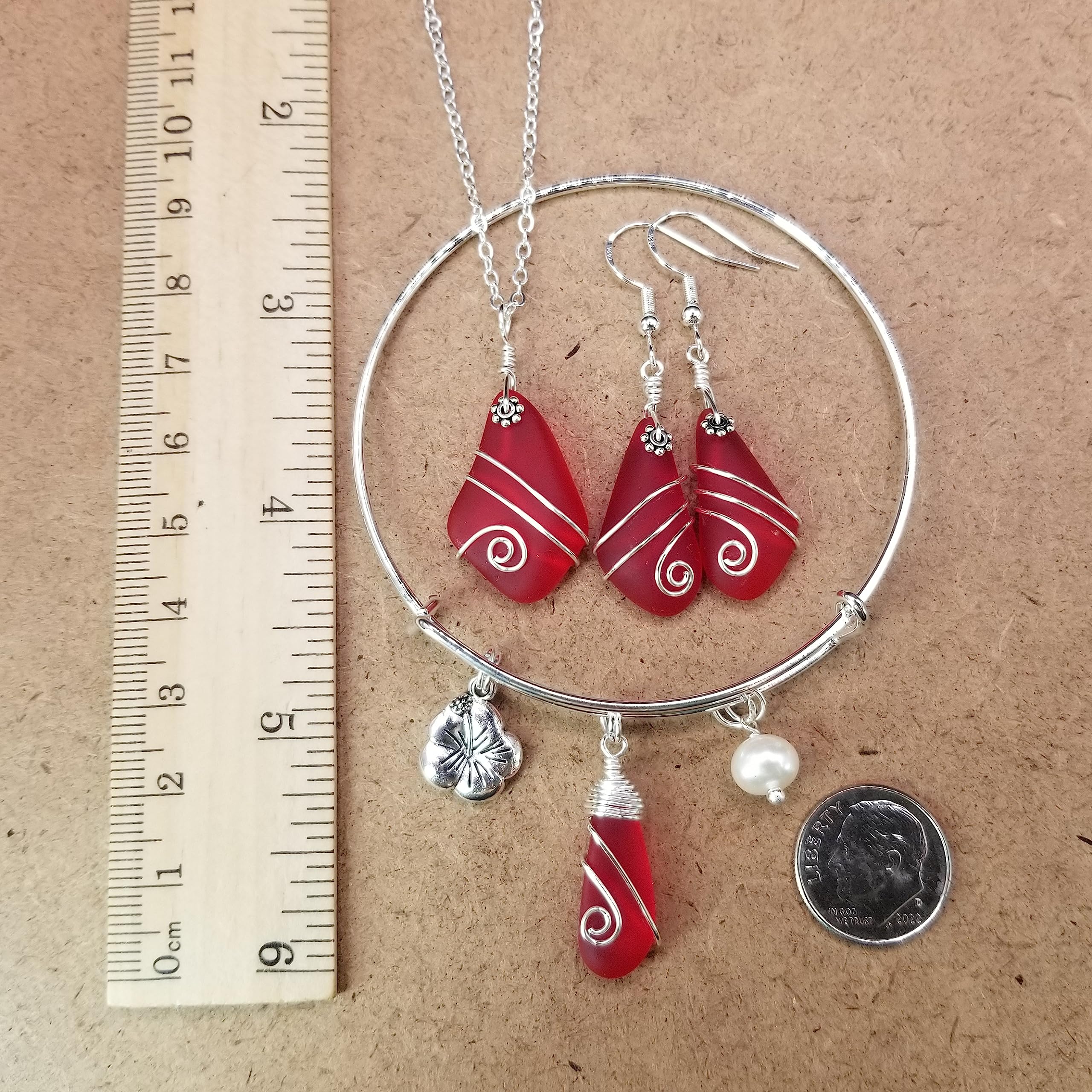 Wire Wrapped Red Sea Glass Jewelry Set - Necklace, Earrings & Bracelet with January Birthstone, Hibiscus Charm & Natural Pearl | Hawaiian Gift, Customizable Message - Perfect for Birthdays, Anniversaries & Beach Weddings