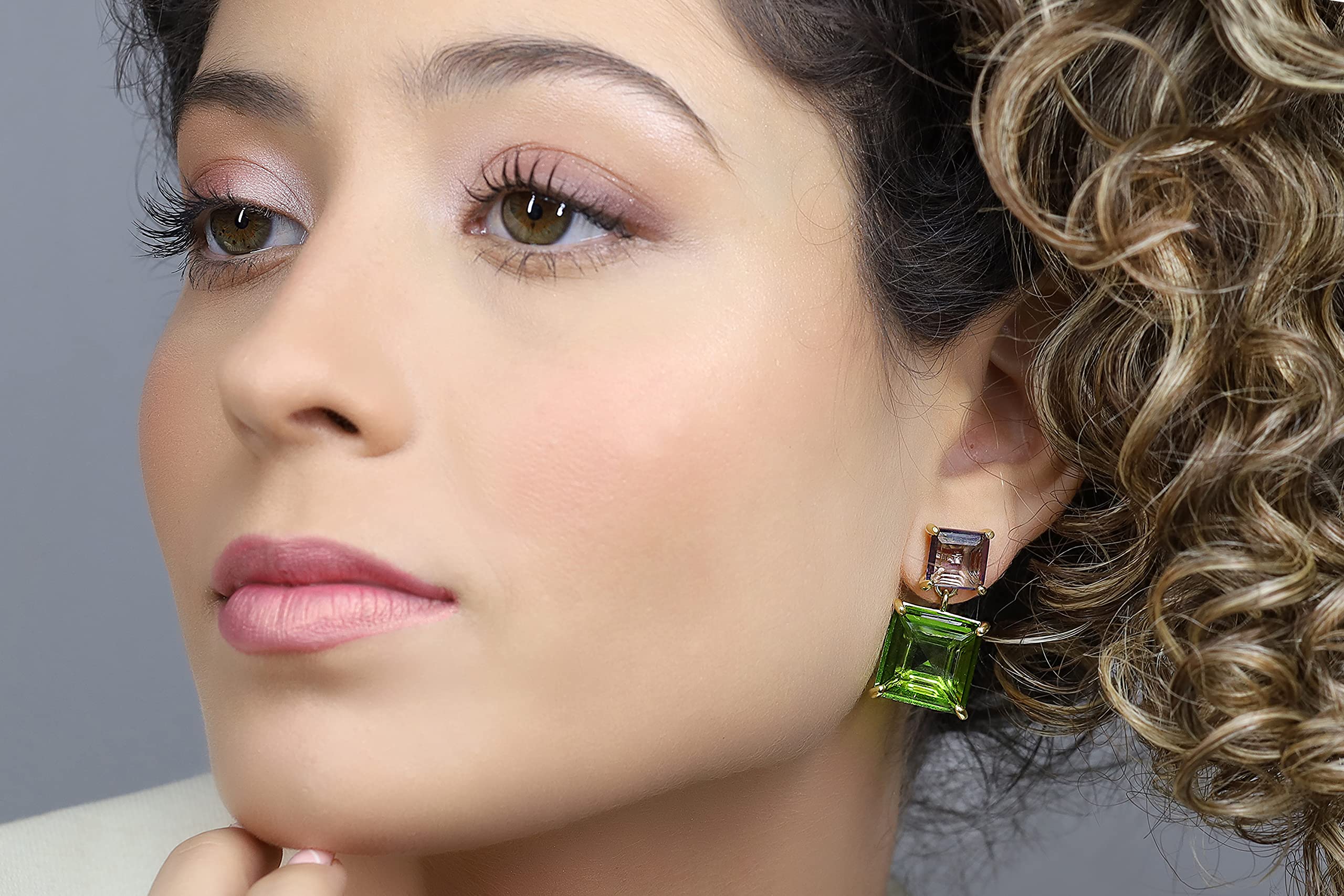 Peridot and Amethyst Birthstone Dangle Earrings for Women - 14K Gold Filled Square Multi-Stone Jewelry | Perfect for Birthdays, Anniversaries & Special Occasions