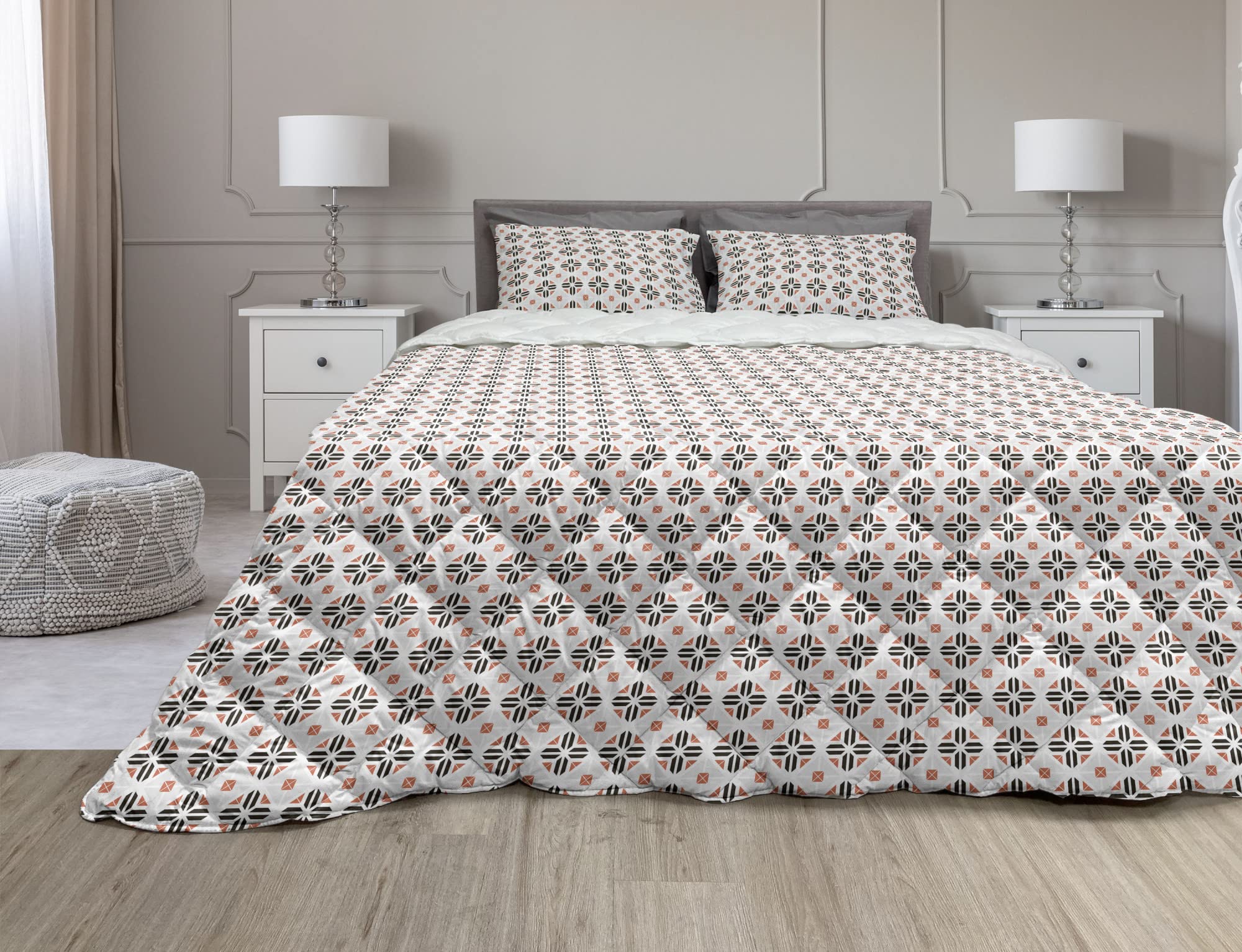 Ambesonne Geometric Comforter & Sham Bedding Set - Abstract Retro Tile Mosaic Design, Microfiber Filling Quilt, Twin Size, Paprika Charcoal Grey - Perfect for Modern Bedrooms & Guest Rooms