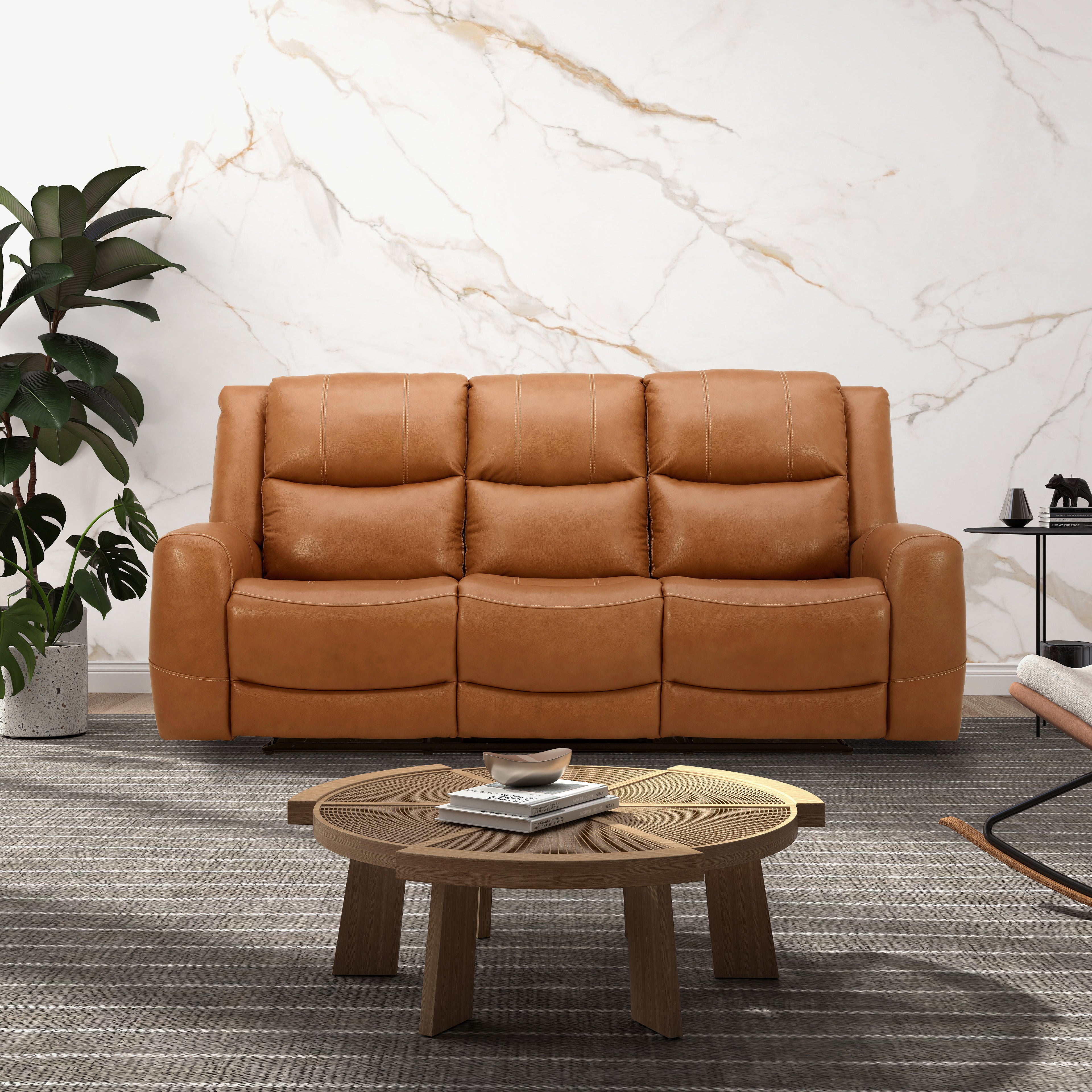 Roundhill Furniture Cozura Genuine Leather Power Dual Reclining Sofa - 3-Seater Living Room Couch with USB Charging for Home Theater & Family Relaxation