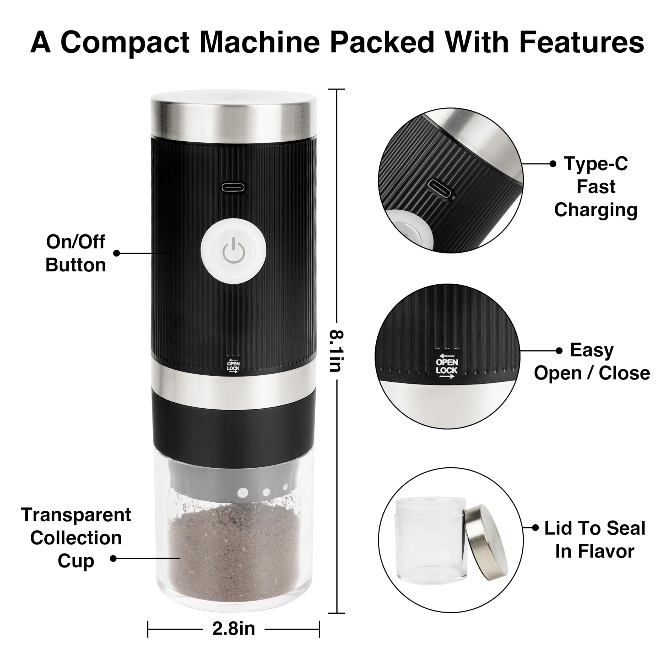 Premium Electric Burr Coffee Grinder - Adjustable Coarseness, USB Rechargeable & Cordless for Fresh Ground Coffee - Portable Design Perfect for Home, Office, Travel & Camping - Black