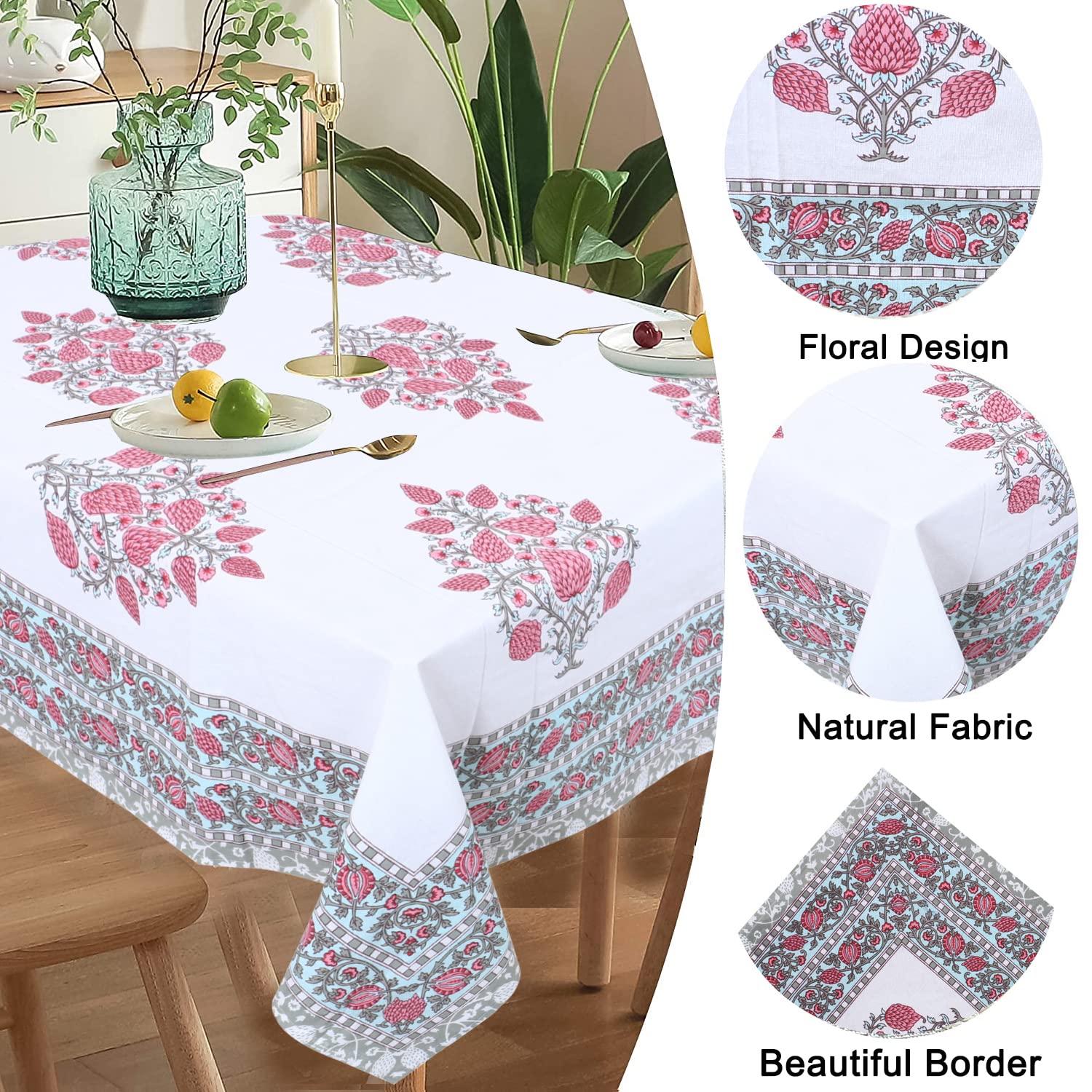 URBANO HOMZ 6 Seater Rectangular Cotton Table Cloth, 145cm x 220cm, Floral Red and Teal Design, Perfect for Dining Tables, Parties, and Outdoor Gatherings