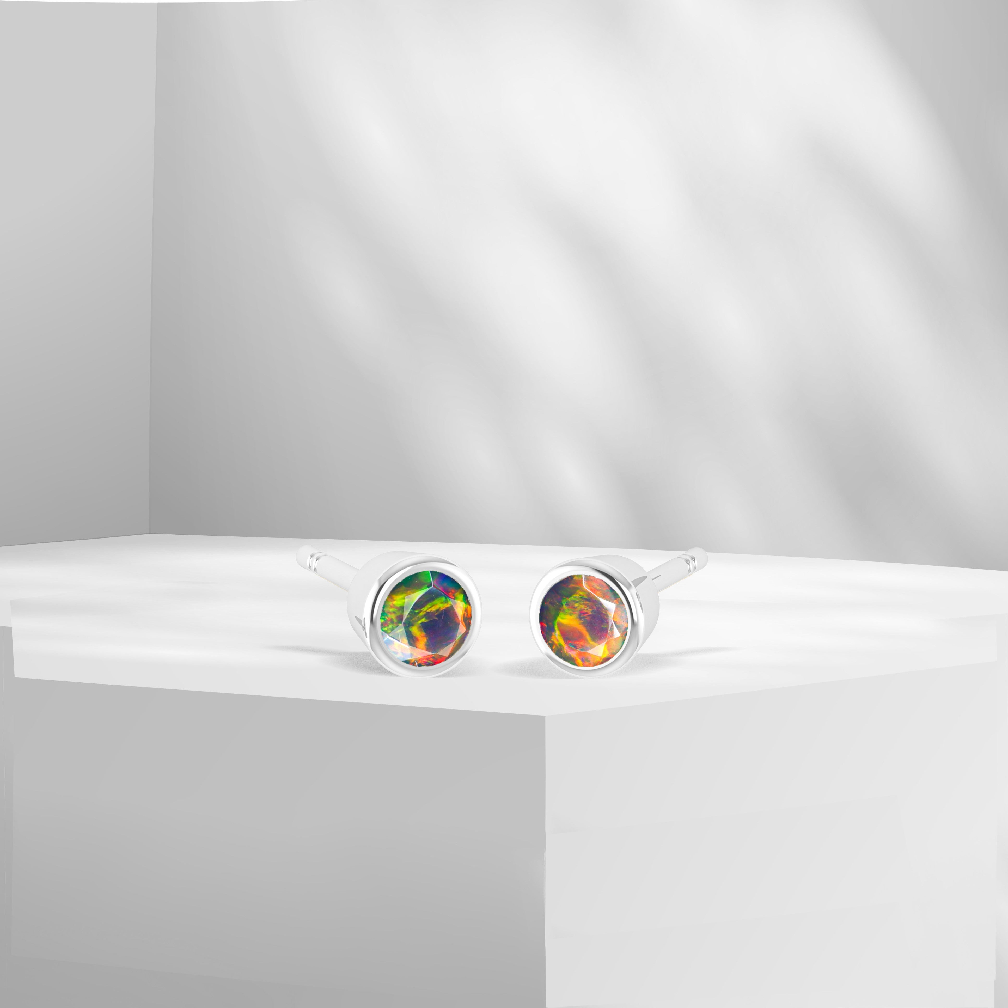 Lavender Fire Round Opal Bezel Stud Earrings for Women - Dainty Sterling Silver Jewelry - Perfect for Weddings, Parties & Everyday Wear