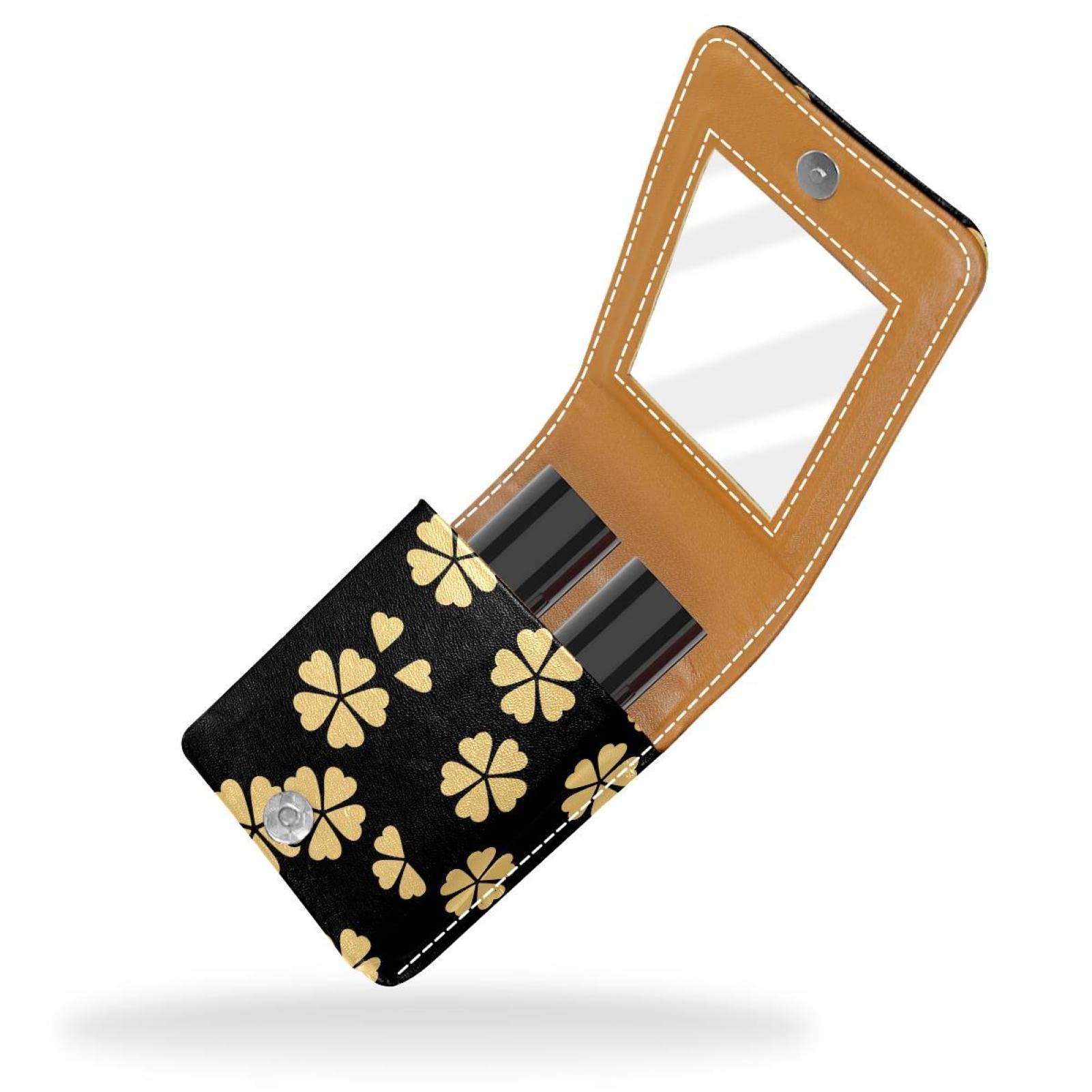 Personalized Lipstick Case - Portable Makeup Bag & Cosmetic Pouch Organizer with Yellow Seamless Four-Leaf Clover Design | Perfect for Travel, Gift & Daily Makeup Storage