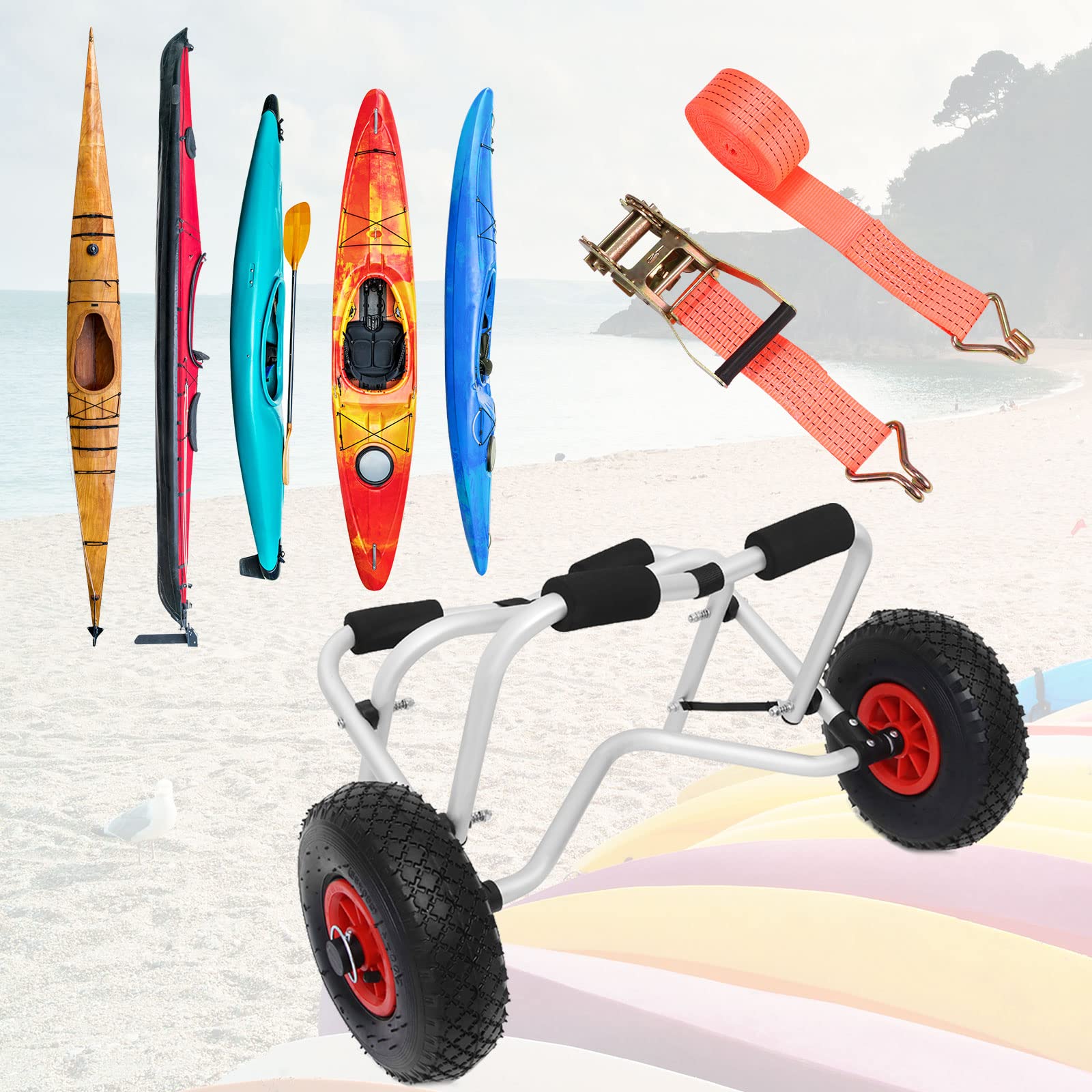 **MengK Folding Kayak Cart - Adjustable Aluminum Alloy Canoe Trailer with 10-Inch Inflatable Wheels for Beach & Ocean Boating - Portable Kayak Trolley for Easy Transport to Shoreline & Seaside Adventures**