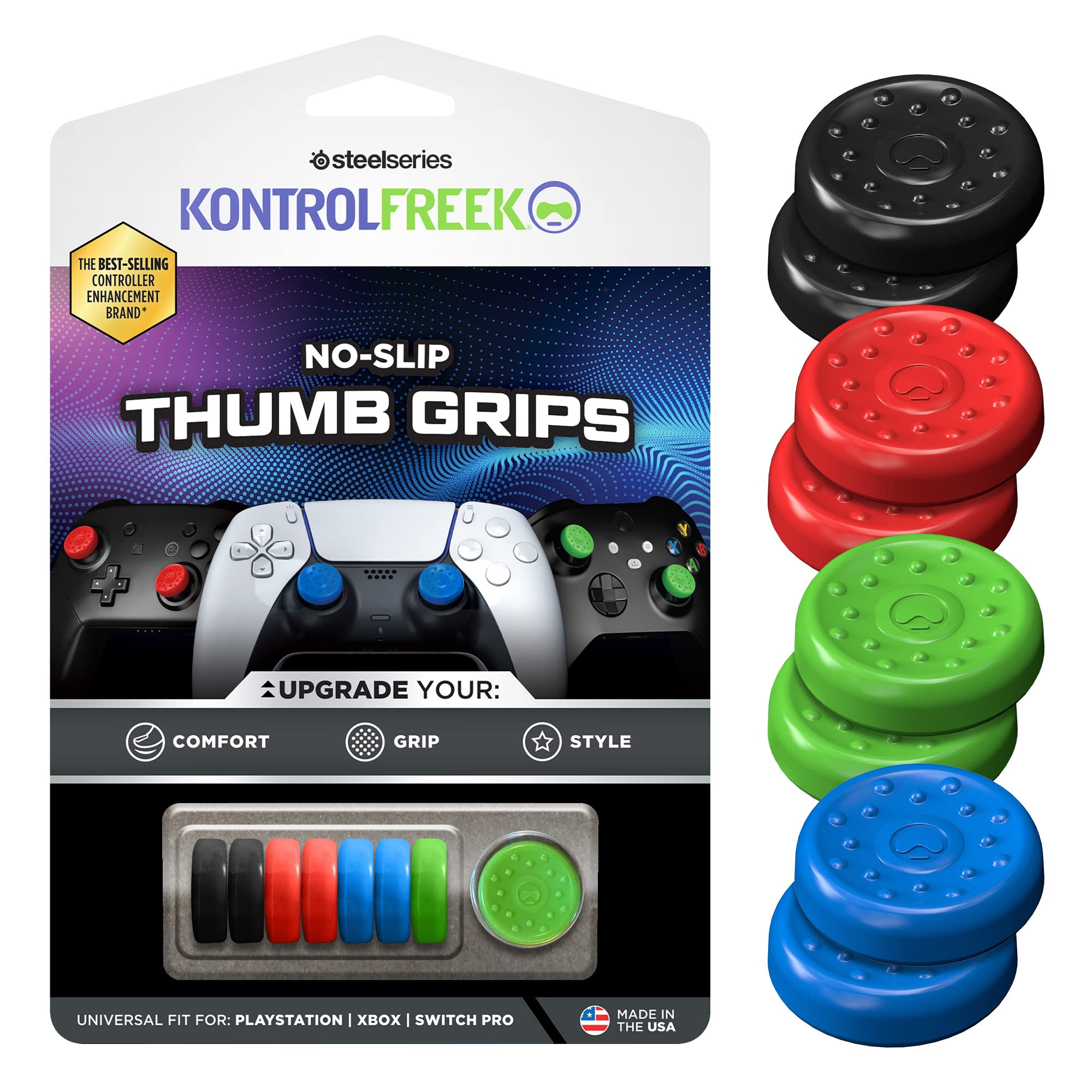 KontrolFreek Non-Slip Thumb Grips for Gaming Controllers - Universal Fit for Nintendo Switch Pro, PS4, PS5, Xbox One & Xbox Series X - 8-Pack (Blue/Green/Red/Black) - Improve Grip & Precision for Competitive Gaming & Long Play Sessions