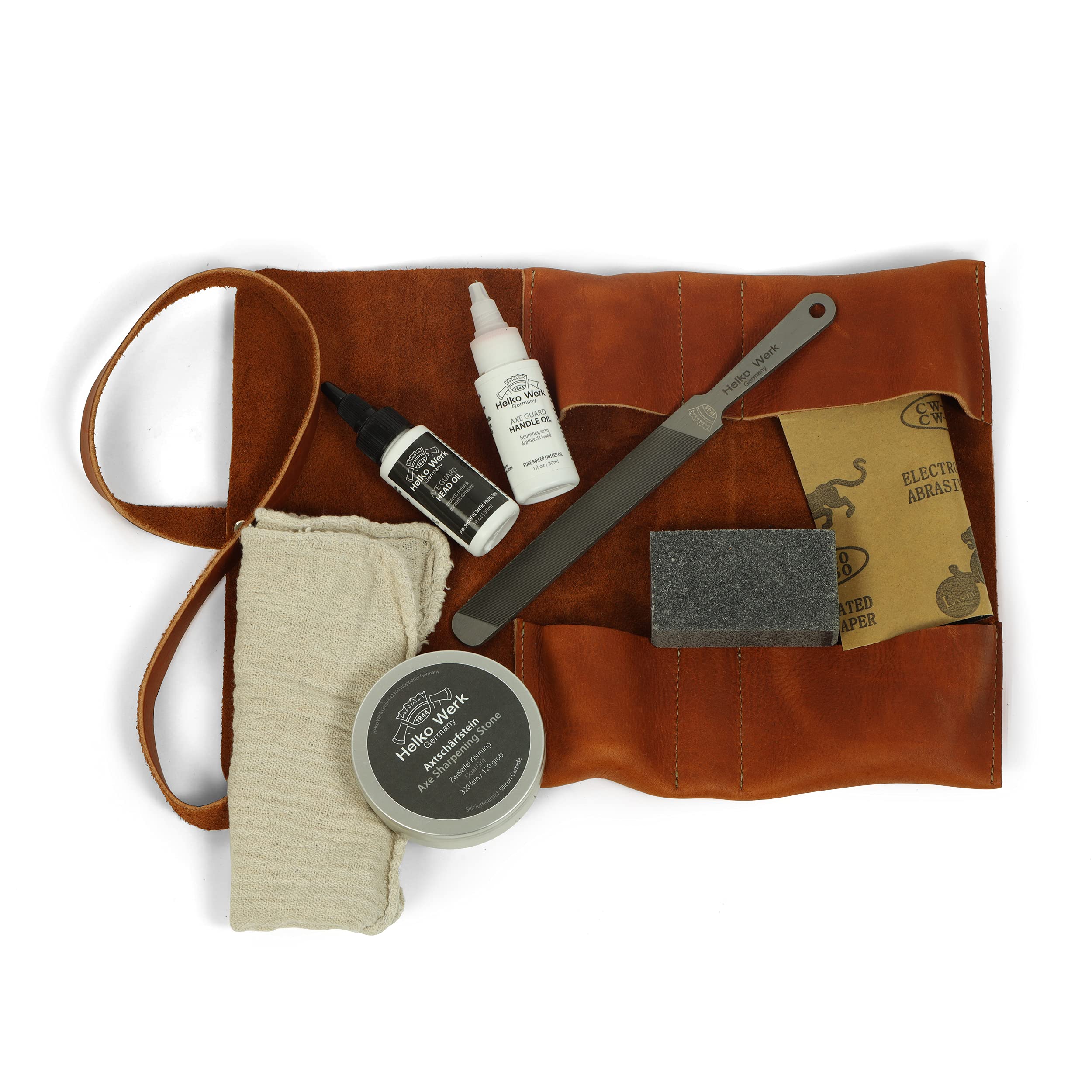 1844 Helko Werk Germany Premium Axe Care & Maintenance Kit - Includes Sharpening Stone, File, Handle Oil, Head Oil, Blade Cleaner, Sandpaper & Wedges - Wood Chopping & Camping Axe Maintenance Tools