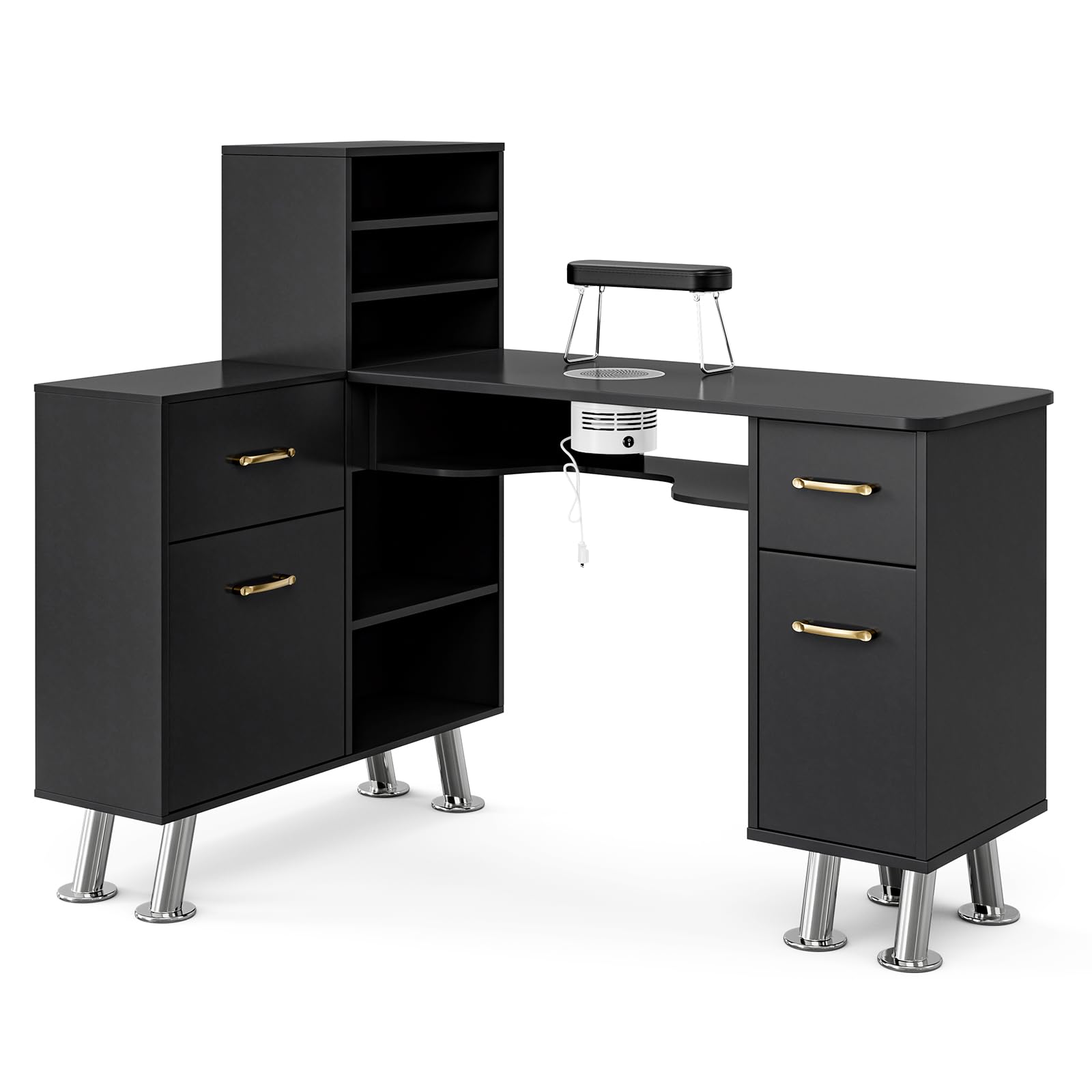 Professional L-Shaped Manicure Table with Electric Downdraft Ventilation System - Foldable Nail Tech Station with Storage Shelves, Cabinets & Drawers - Black Salon Furniture for Nail Artists & Home Use | Perfect for Small Spaces & Mobile Nail Technicians