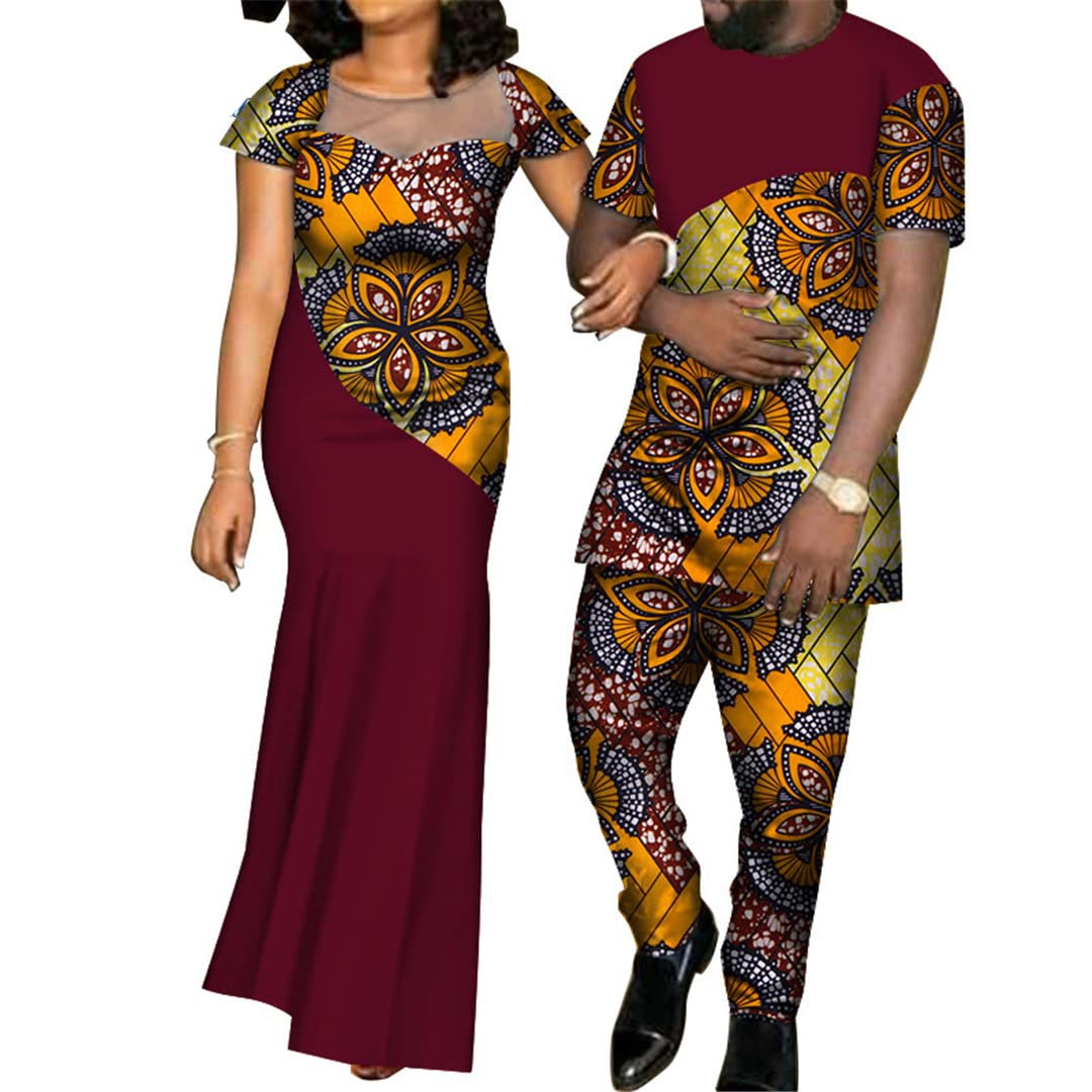 African Print Dresses for Women & Bazin Men's Shirt Pants Sets - Couple Matching Outfits | Handmade Yarn Fabric | Perfect for Weddings, Parties & Cultural Events (Style 40FS1274S)
