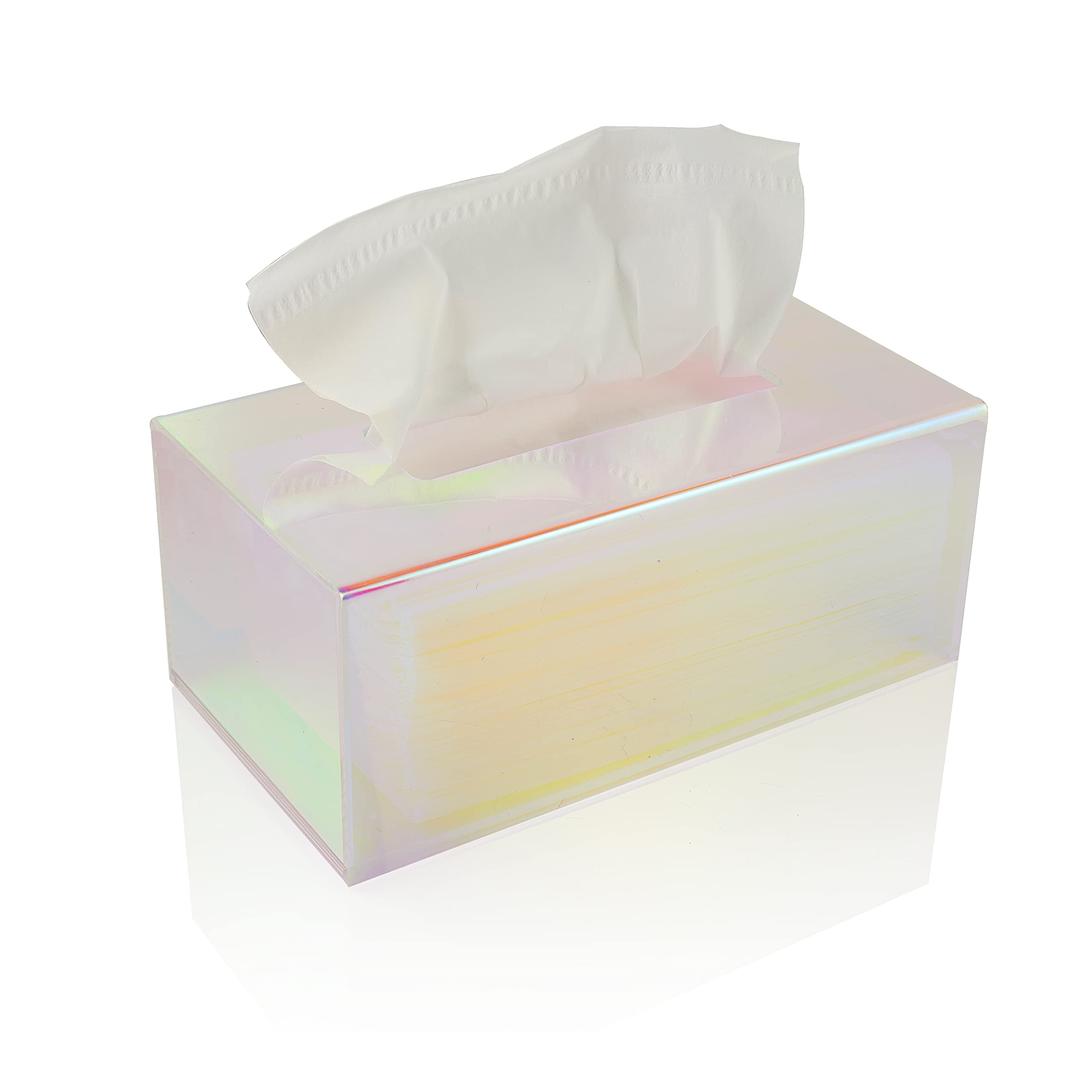 Clear Acrylic Tissue Box Holder - Rectangle Iridescent Dispenser for Facial Tissues, Napkins & Dryer Sheets | Bathroom, Bedroom, Office Desk & Vanity Organizer | Modern Home Decor for Countertops & Nightstands