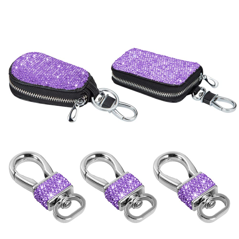 5-Pack Purple Leather Car Key Case with Metal Hook & Keyring - Zipper Pouch for Remote Key Fobs, Bling Keychain Holder - Women's Handbag Charms & Purse Accessories (Great for Key Organization & Gift Giving)