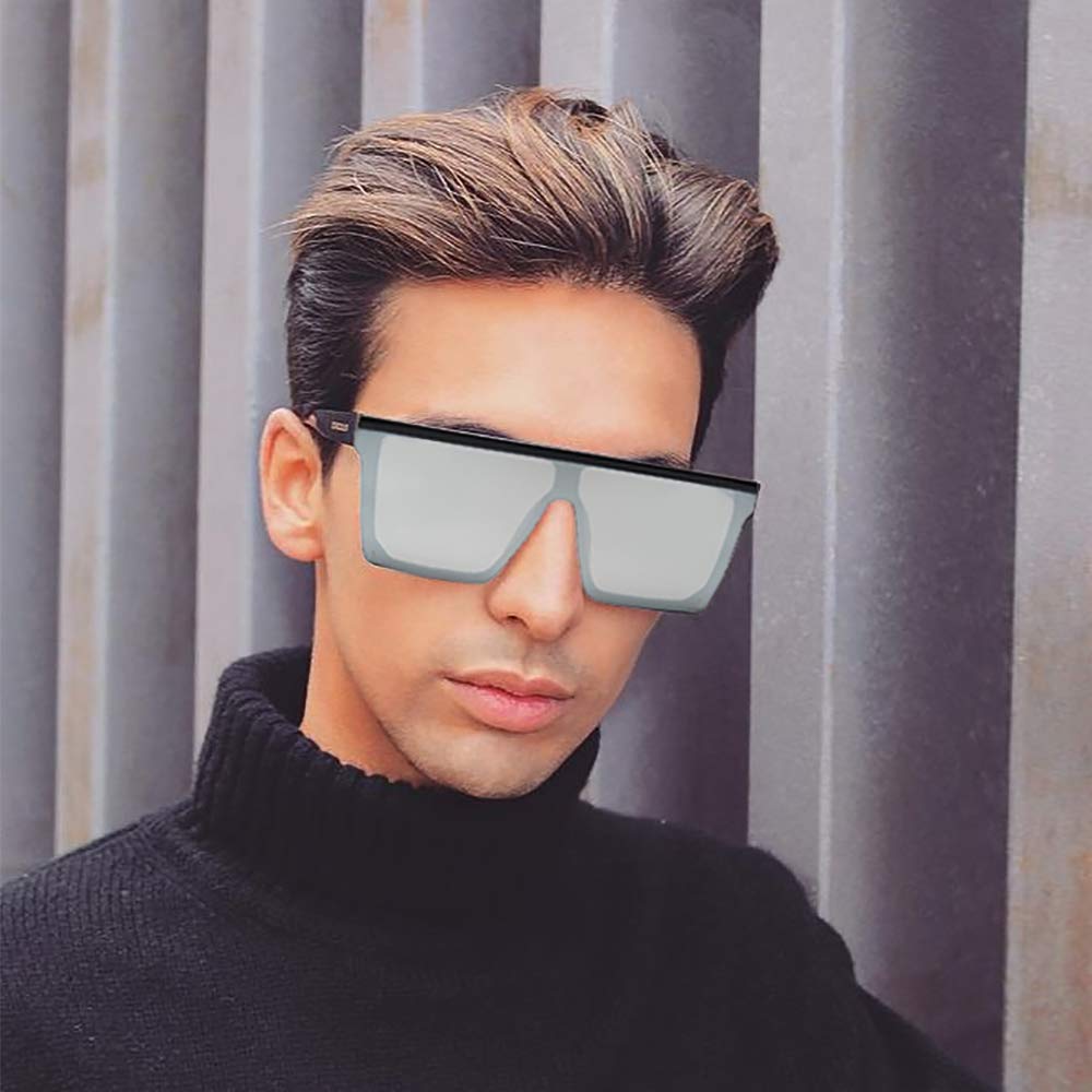 Trendy One Piece Rimless Shield Square Oversized Mirrored Sunglasses for Women & Men - 100% UV Protection - Fashionable Unisex Shades for Driving, Beach & Outdoor Activities