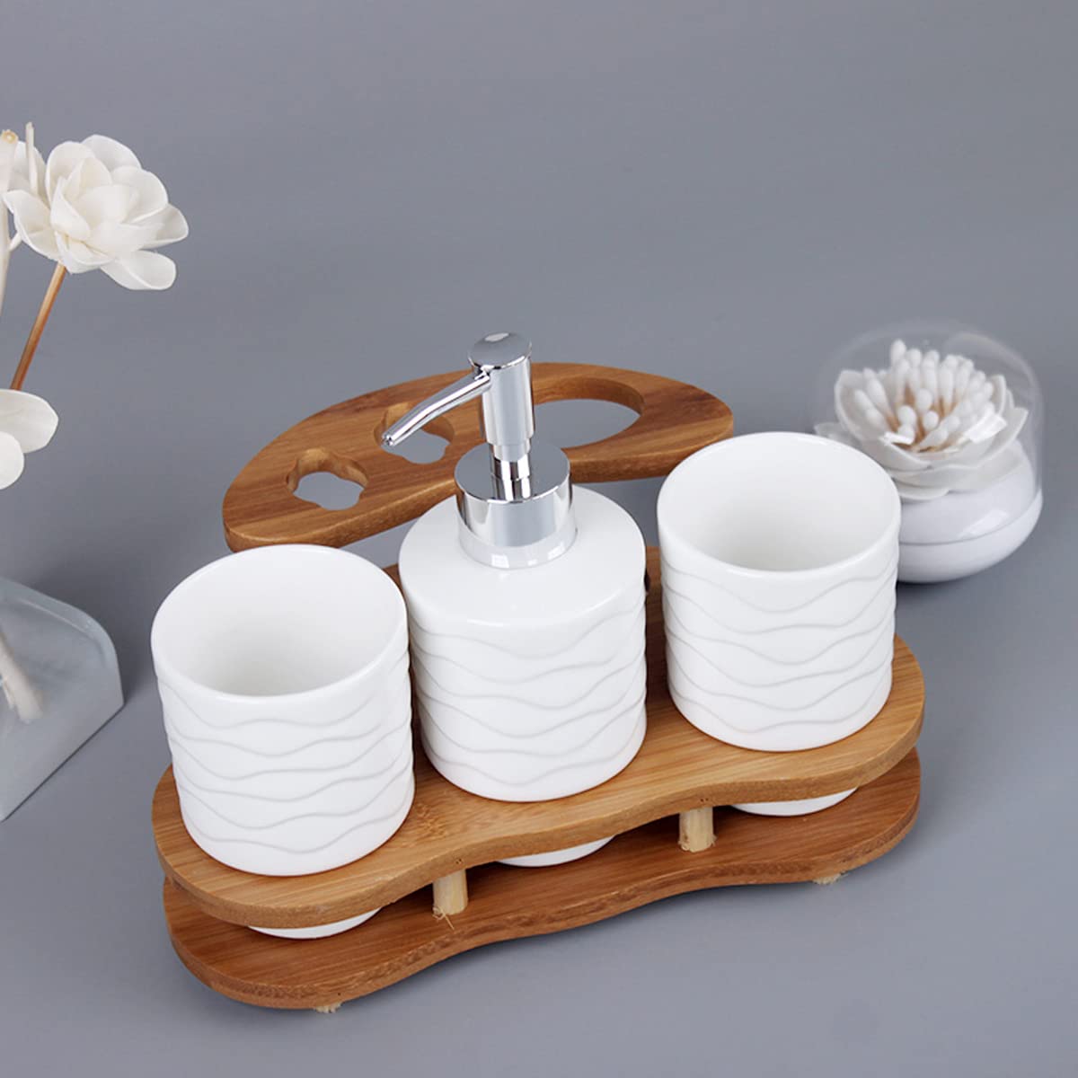 White Ceramic Bathroom 4-Piece Set - Toothbrush Holder, Soap Dispenser & Mouthwash Cup | Modern Minimalist Bath Accessories for Home | Perfect for Vanity, Countertop & Guest Bathroom Organization